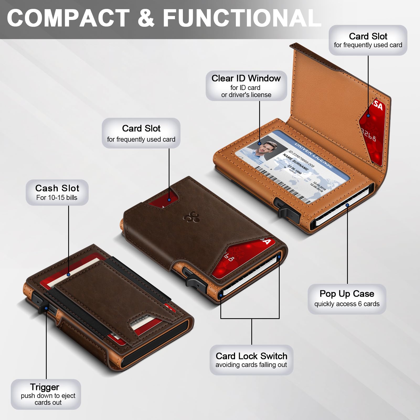 Wallet for Men Wallet with Slim Pop Up Card Holder 9-13 Cards, Bifold Minimalist Smart Wallet RFID Blocking Credit Card Holder with ID Window & Stretchable Cash Slot Compact Metal Aluminum Card Case