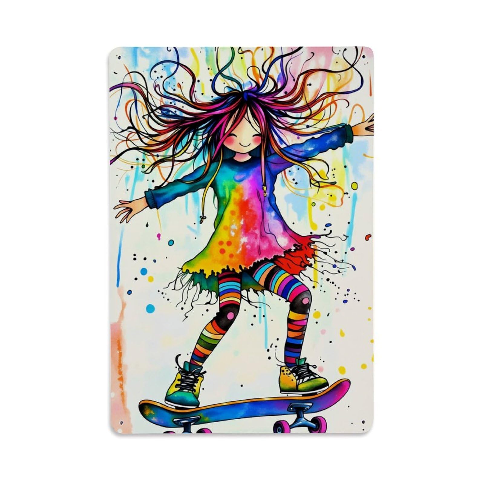 Enderetf Vintage Colorful Hair Rainbow Dress Skateboard Tin Sign Metal Poster, Home Bar Garage Man Cave Cafe Indoor & Outdoor Wall Decoration 8X12inches