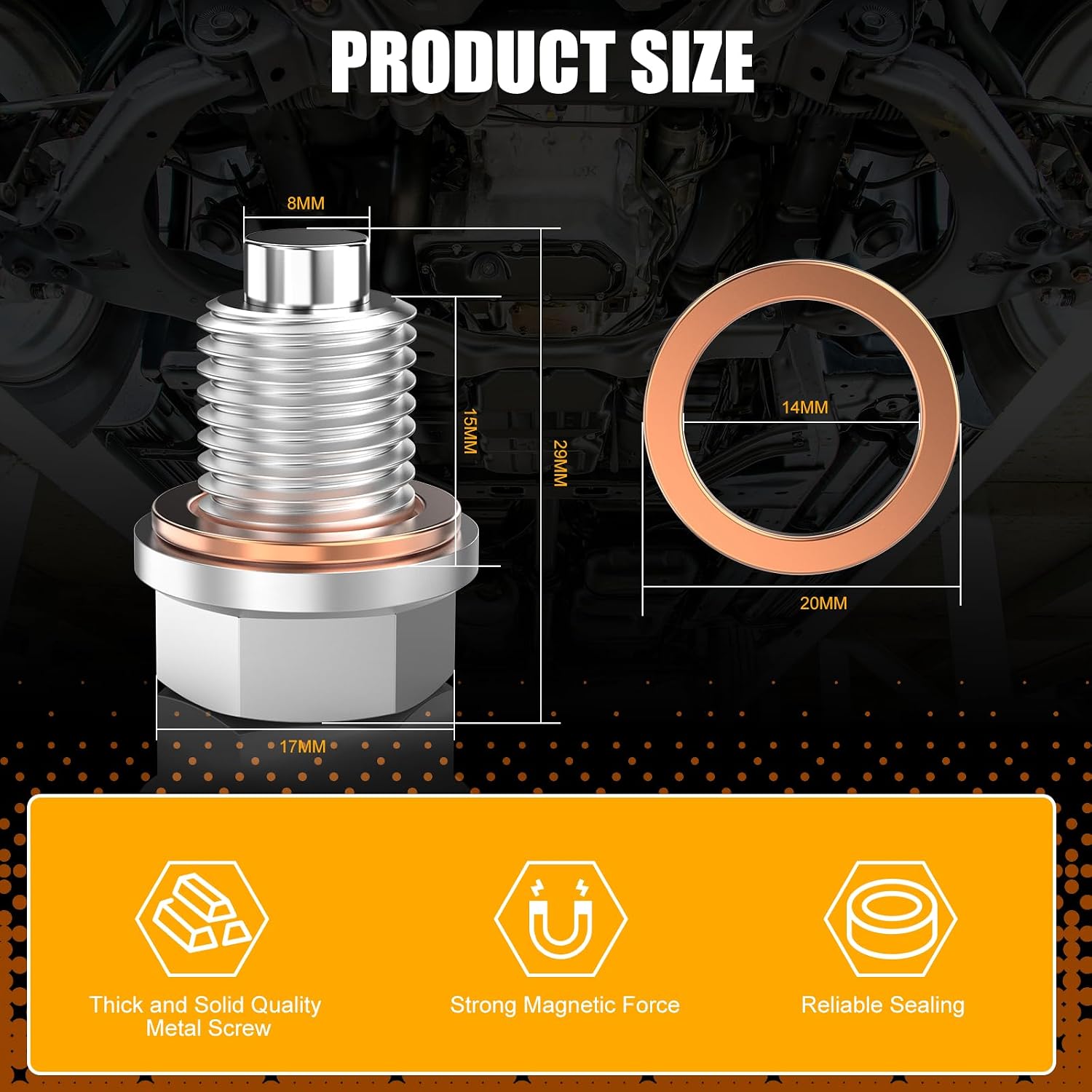 M14x1.5 Stainless Steel Magnetic Oil Drain Plug with 1 Pcs Copper Gasket Crush Washer Sump Drain Nut Bolt Oil Pan Bolt Anti Leakage Seal Replacement for Honda Acura Ford GM Mazda Hyundai Kia