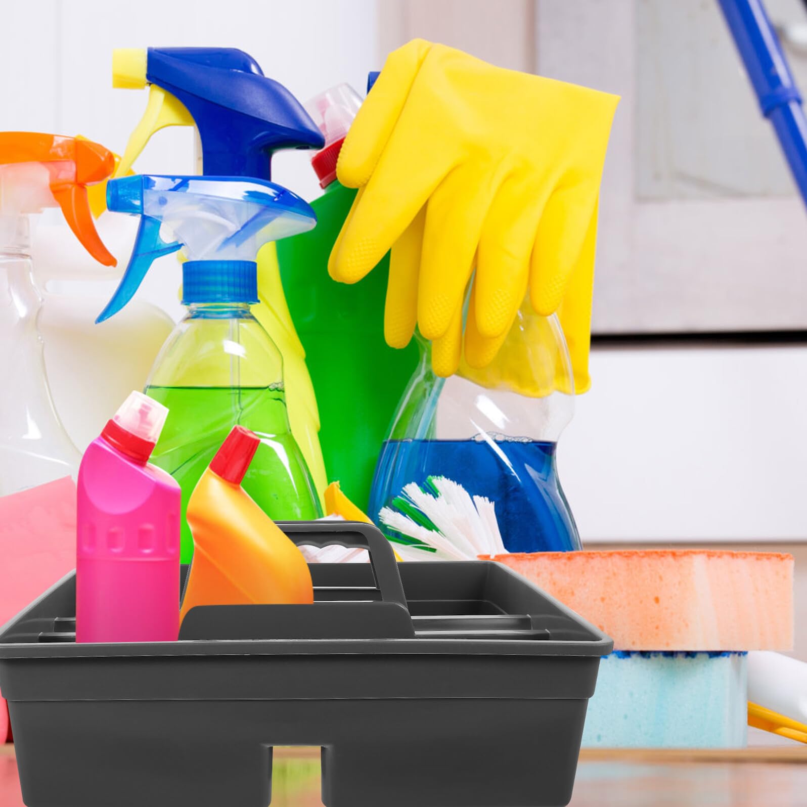 Sosoport Organizer la Pulizia con Manico Porta Prodotti Pulizia in Pp Portatile per Pulizie Casa e Servizi Igienici