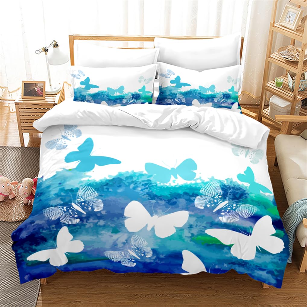 Housse de couette 240x260 papillon aquarelle pour lit 2 personnes avec 2 taies