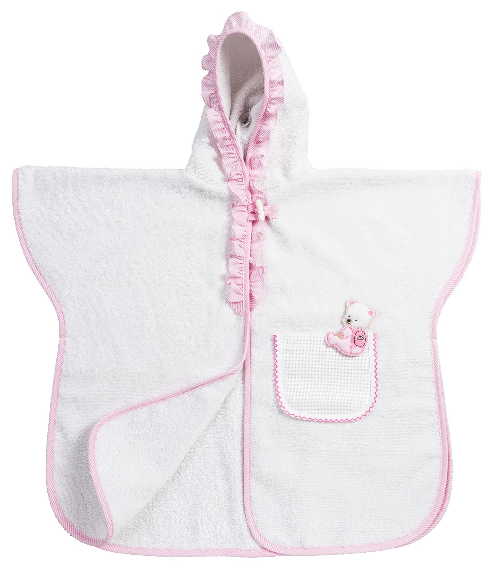 Filet - Badeponcho mit Rouche für Babys und Mädchen bis zu 2 Jahren, Bademantel mit Kapuze aus Baumwollfrottee, Tasche aus Aida zum Sticken, hergestellt in Italien, Einheitsgröße, Weiß und Rosa