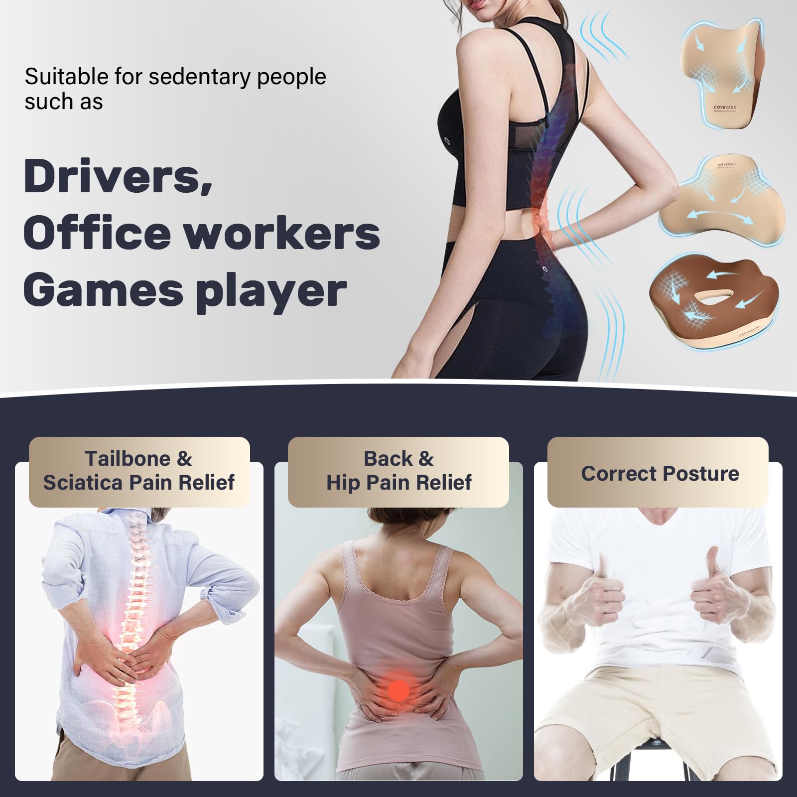 Coverado Cuscino di supporto lombare e Cuscino del collo per sedia da ufficio dell'automobile, Ergonomico Schiuma di memoria Sedia da scrivania Cuscino di sostegno posteriore & Cuscino poggiatesta