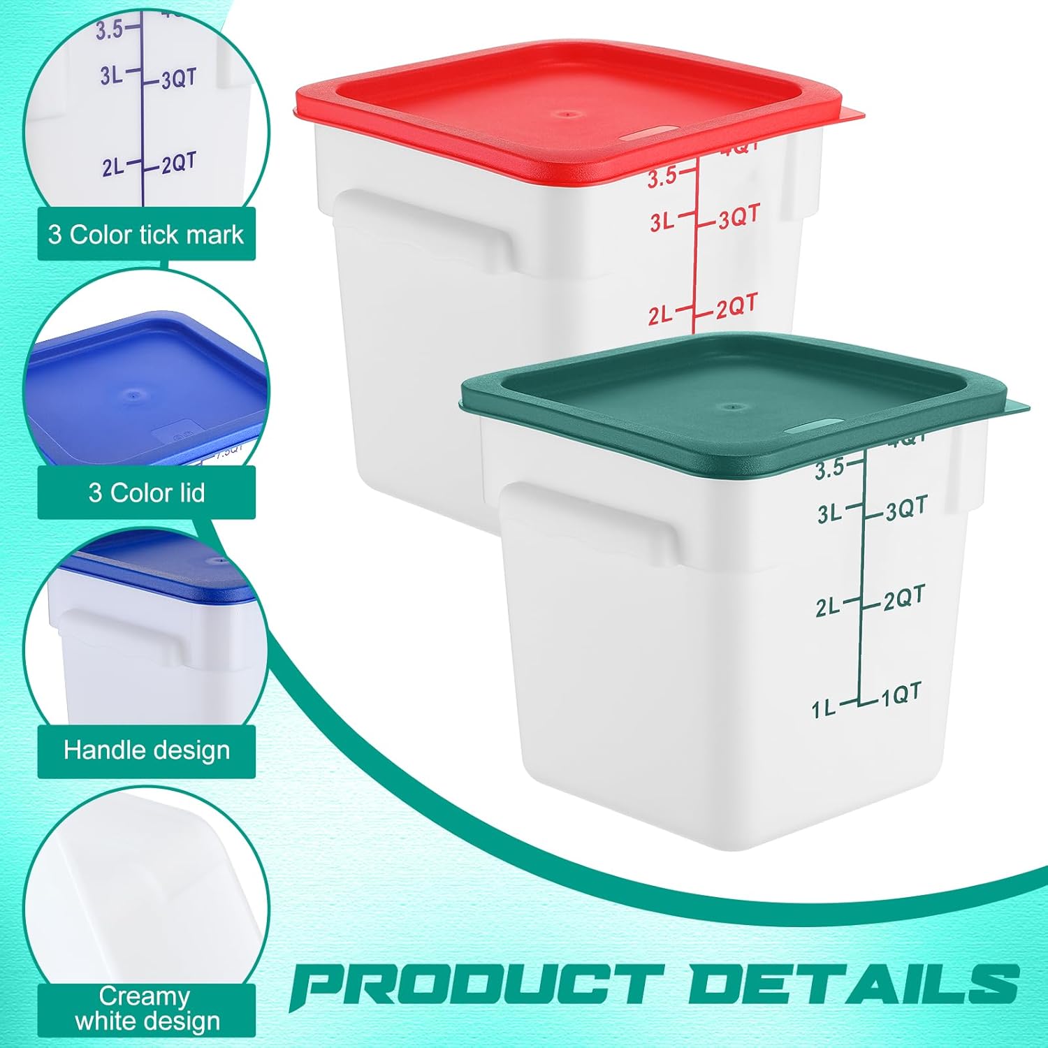 6 Pieces 4 Quart Commercial Food Storage Containers with Lid Translucent Container with 3 Color Lids for Freezer Flour Sugar Baking Bread Restaurant, Square