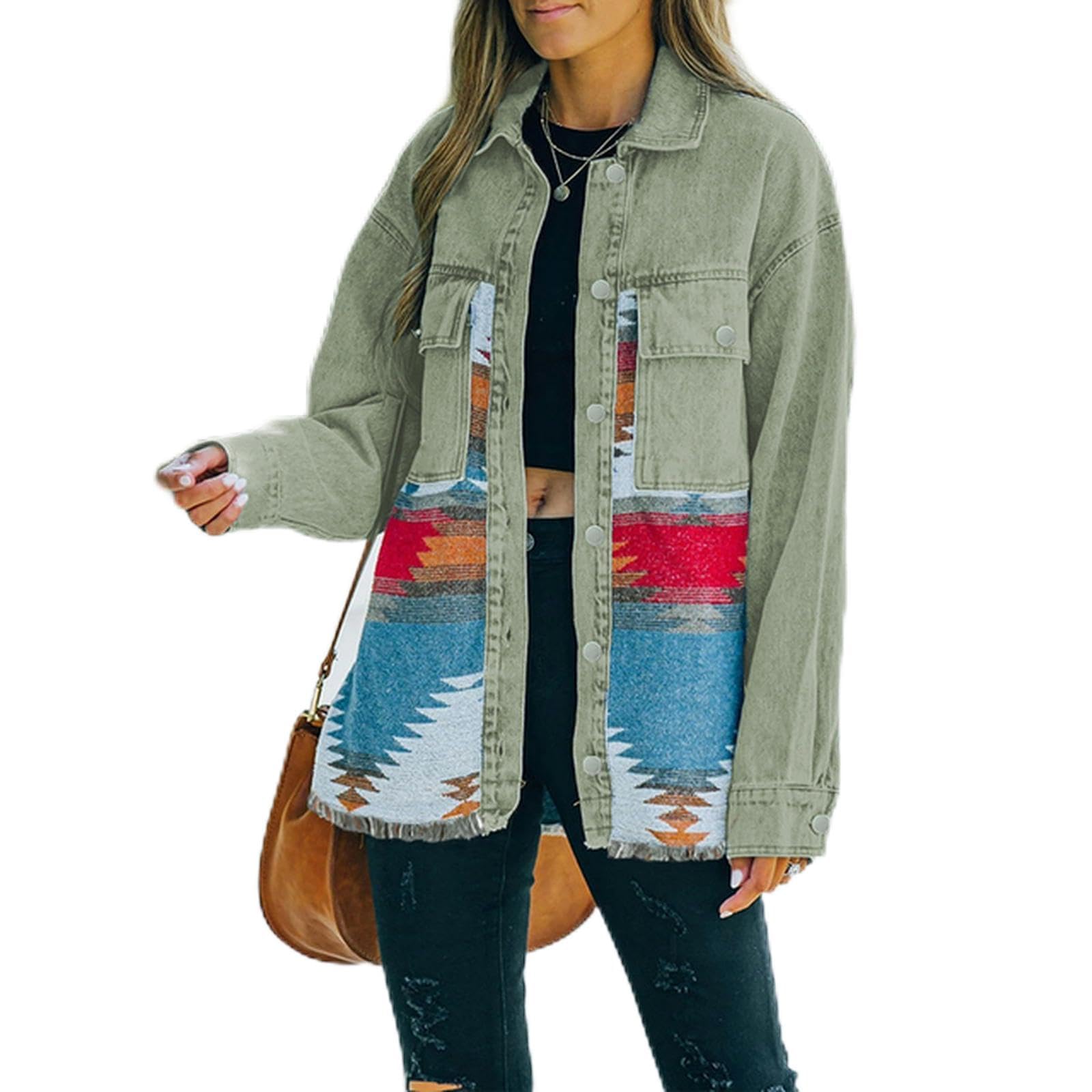 Jeans Casual chaquetas 2023 Otoño Invierno nuevo azteca solapa bolsillo Denim abrigo Patchwork manga larga lana mujer chaqueta Retro