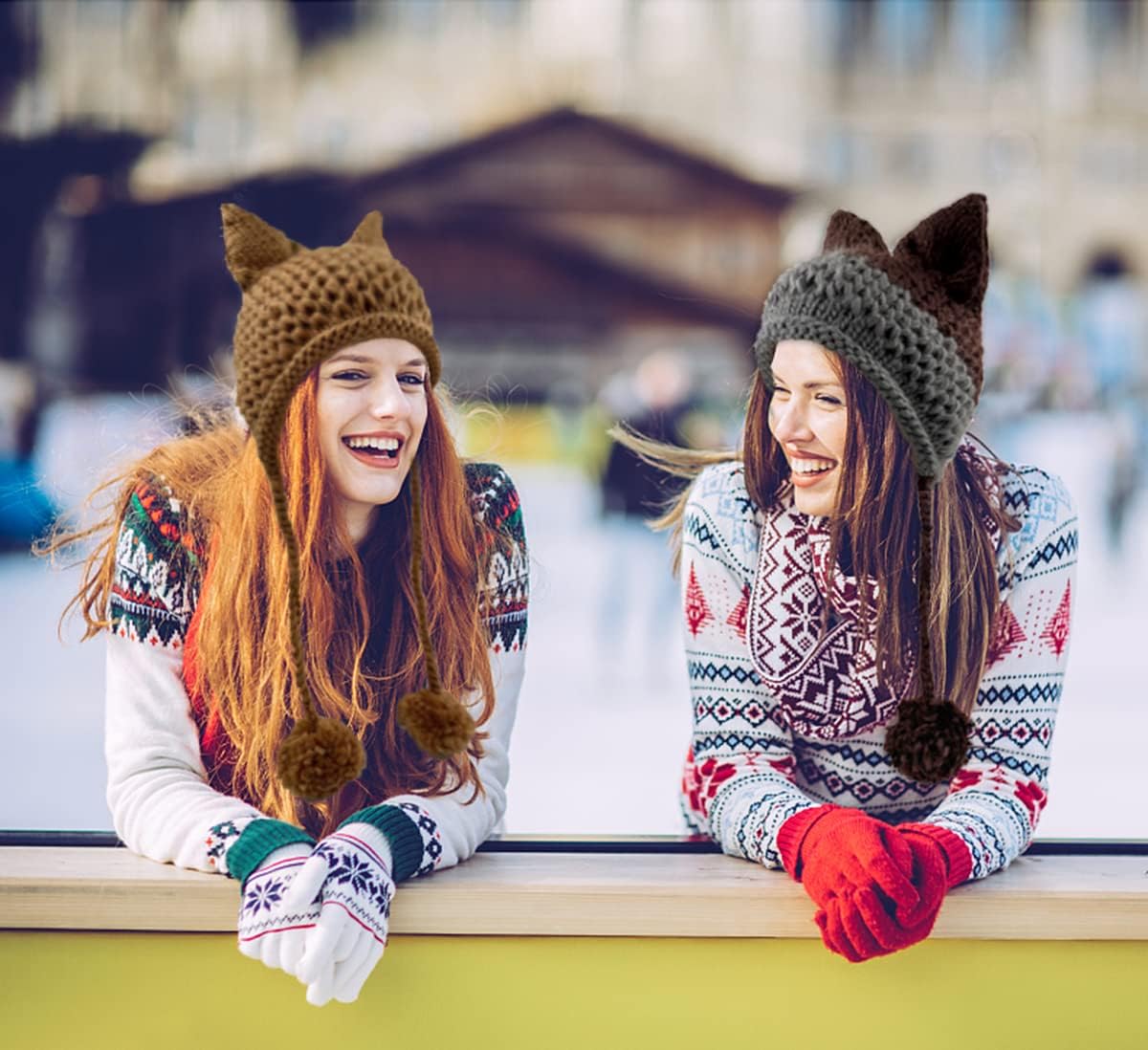 Cat Ear Beanie with Ear Flap Pompom Cute Fox Ears Hat Y2k Gothic Handmade Crochet Beanie for Women Teen Girls Snow Winter - Image 7