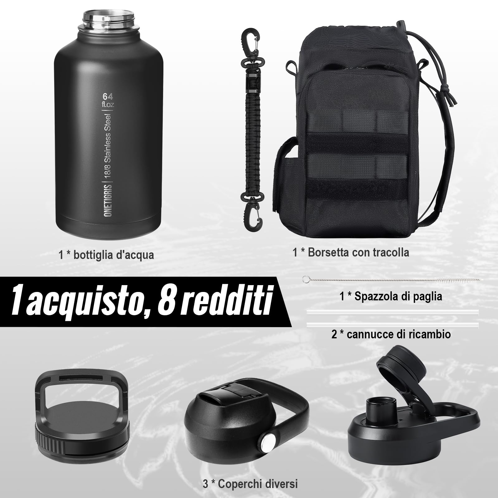 OneTigris Borraccia in acciaio inox 1,9L, alta capacità, borraccia sportiva con buon effetto isolante per bicicletta, campeggio, yoga, palestra, softair, nero, 64 OZ