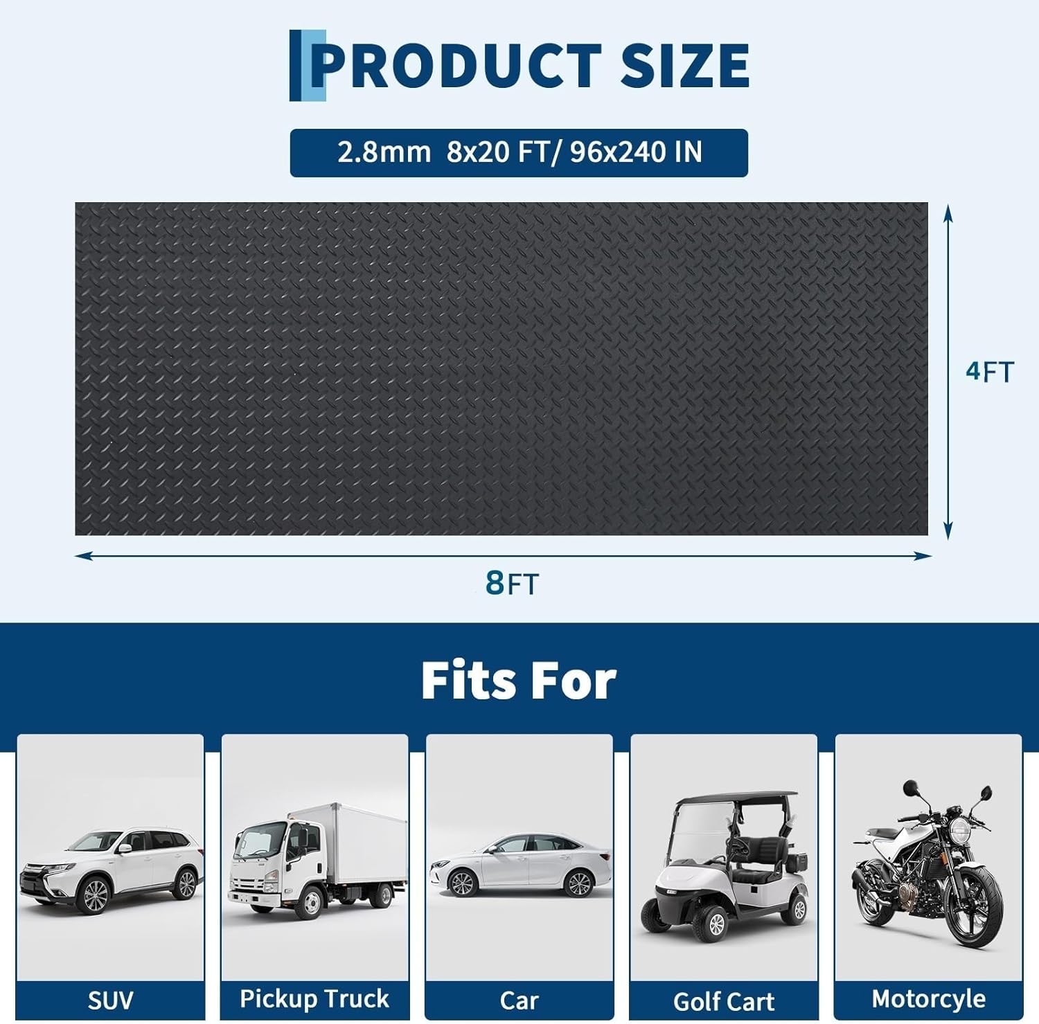 4 x 8 ft Garage Floor Mat, 2.8mm Thickened Diamond Plate PVC Rubber Flooring Roll, Non-Slip Protective Floor Mat for Garage, Warehouse, Gyms, Trailer, SUV and Vehicle Underlay
