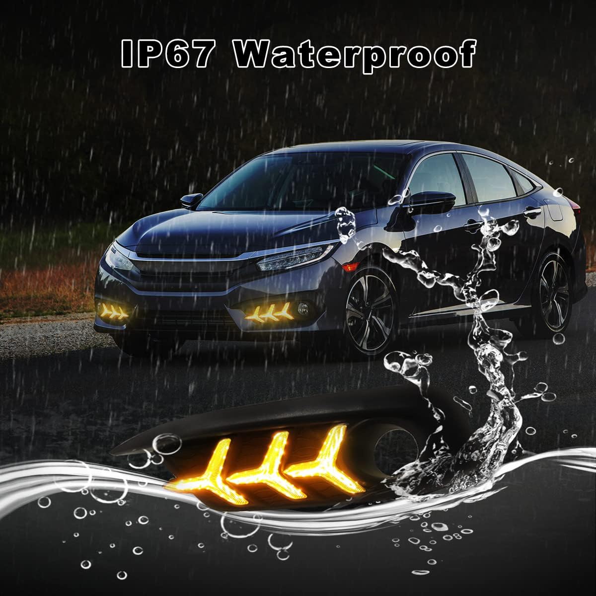Daytime Running Lights For Honda Civic 10th Gen Sedan 2016 2017 2018 Fog Light 3 Colors DRL Amber Turn Signal Lamps LED Driving Light Fish Bone Style