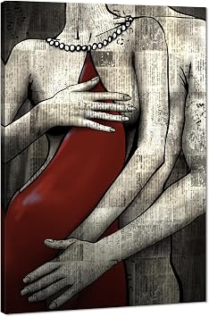 Sexy Couples Wall Art Pictures Abstract Nude Posters Wall Decor Artwork Vintage Newspaper Background Sexy Women Canvas Print Painting Bathroom Bedroom Home Decor, Framed 24W x 36H