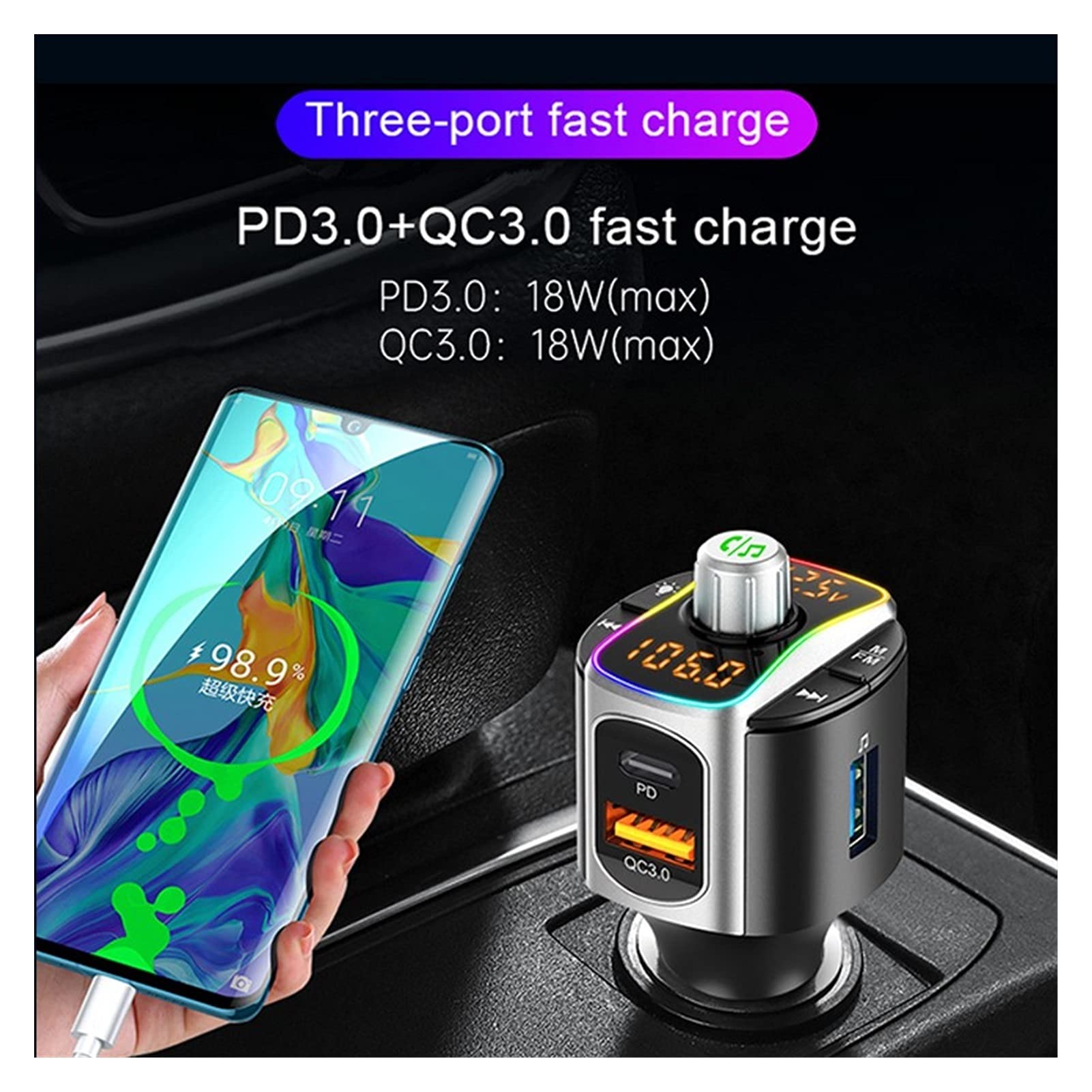 Adattatore Audio Bluetooth. FM. Trasmettitore Auto Bluetooth 5.0 Dual USB QC3.0. Caricabatteria for Auto QC PD. Adattatore Bluetooth Handsfree Wireless Aux Audio MP3. Giocatore
