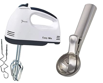 ZUNBELLA Combo of High Speeds Electric Scarlett Beater Blender for Cake Baking and Stainless Steel Ice Cream Scooper Serving Spoon, ( White, Silver, 180W)