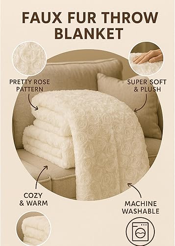 Miniatura 3 de DaDa Bedding Manta de Tiro Nube de Lujo de Rosas Blancas de Piel Sintética Mullida y Tierna con Respaldo de Vellón Sherpa  Manta de Felpa de Tiro