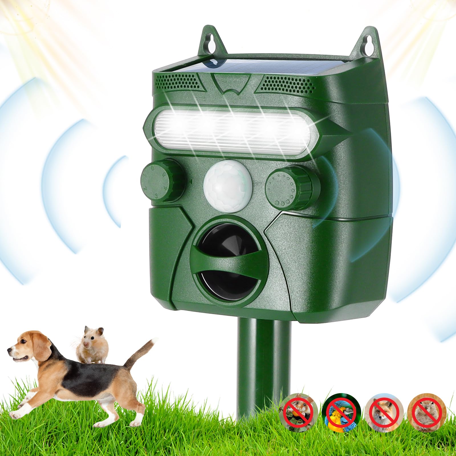 Repelente de gatos ultrasónico, repelente solar impermeable de animales al aire libre con sensor de movimiento y flash, 5 modos de repelente ultrasónico para gatos para jardín, patio, campo,