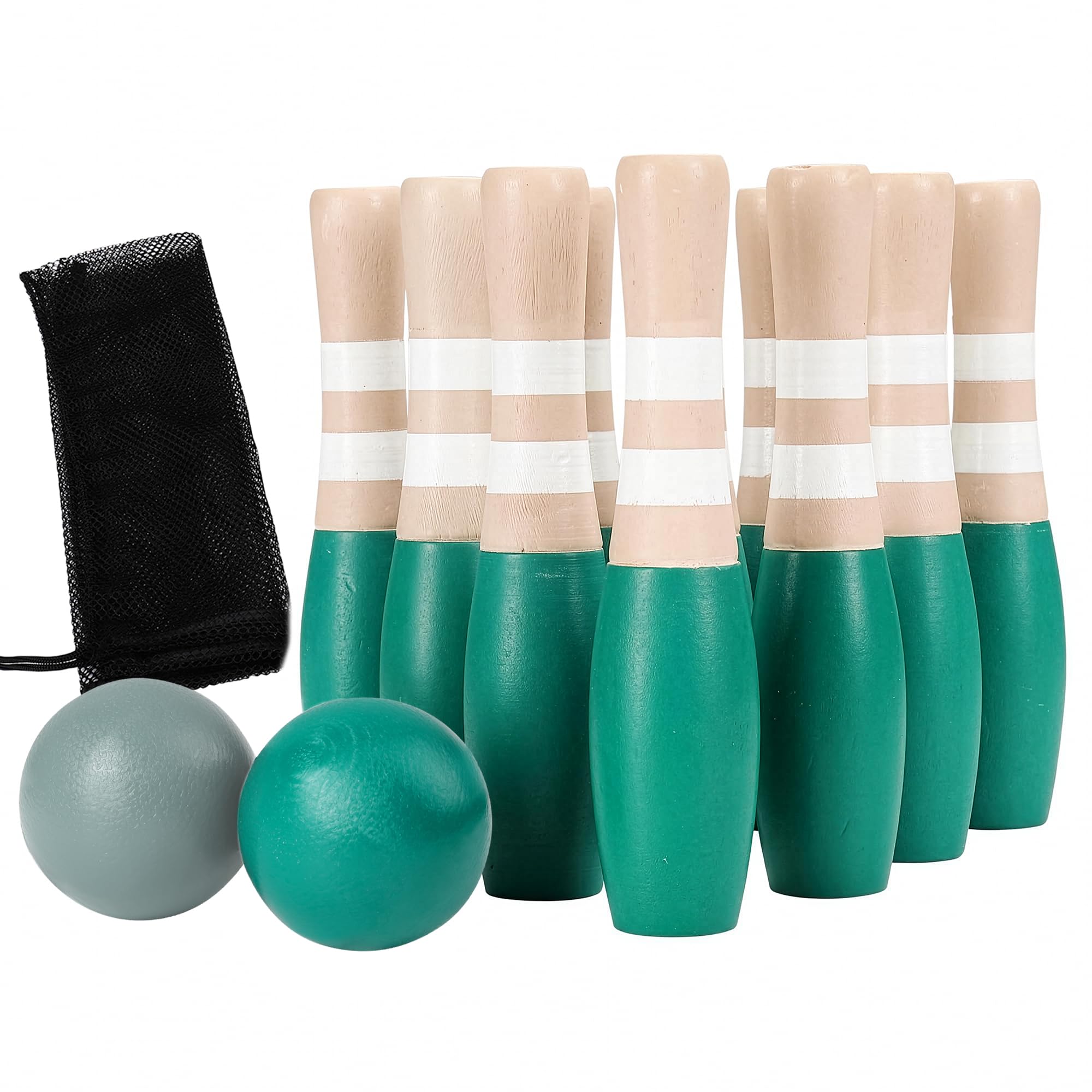Sterling Sports Wooden Lawn Bowling 9" Skittles Set with Carrying Mesh Bag for Indoors and Outdoors - 10 Wooden Pins and 2 Balls, Green/Turquoise and Gray
