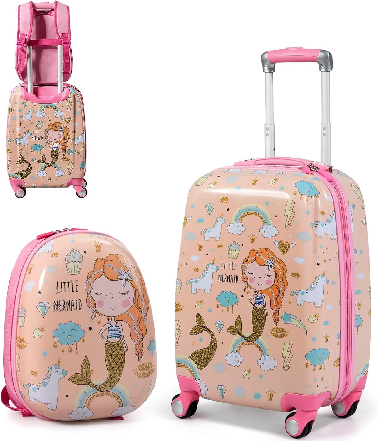 SOARS Set di Valigia 18’’ + Zaino 12’’ per Bambini 2 Pezzi, Bagagli 2-in-1 con Zainetto da Viaggio Aereo, Trolley con Maniglia Telescopica e 4 Ruote a 360° (Rosa Sirena)
