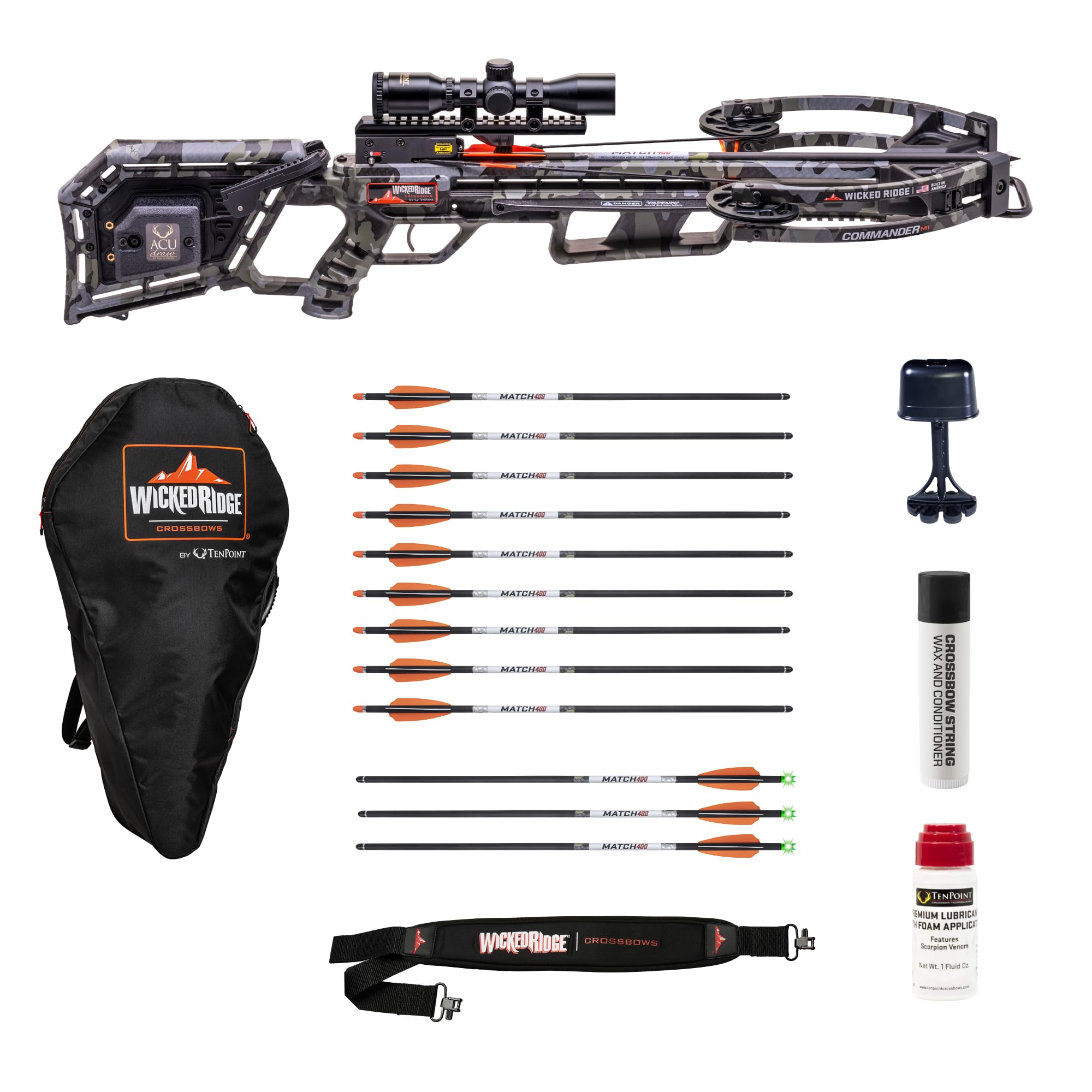 Wicked Ridge by TenPoint Commander M1 Ready-to-Hunt Package - Includes 9 Match 400 Non-Lighted + 3 Match 400 Lighted Arrows, Soft Case, Neoprene Sling, Premium Lubricant & String Wax & Conditioner