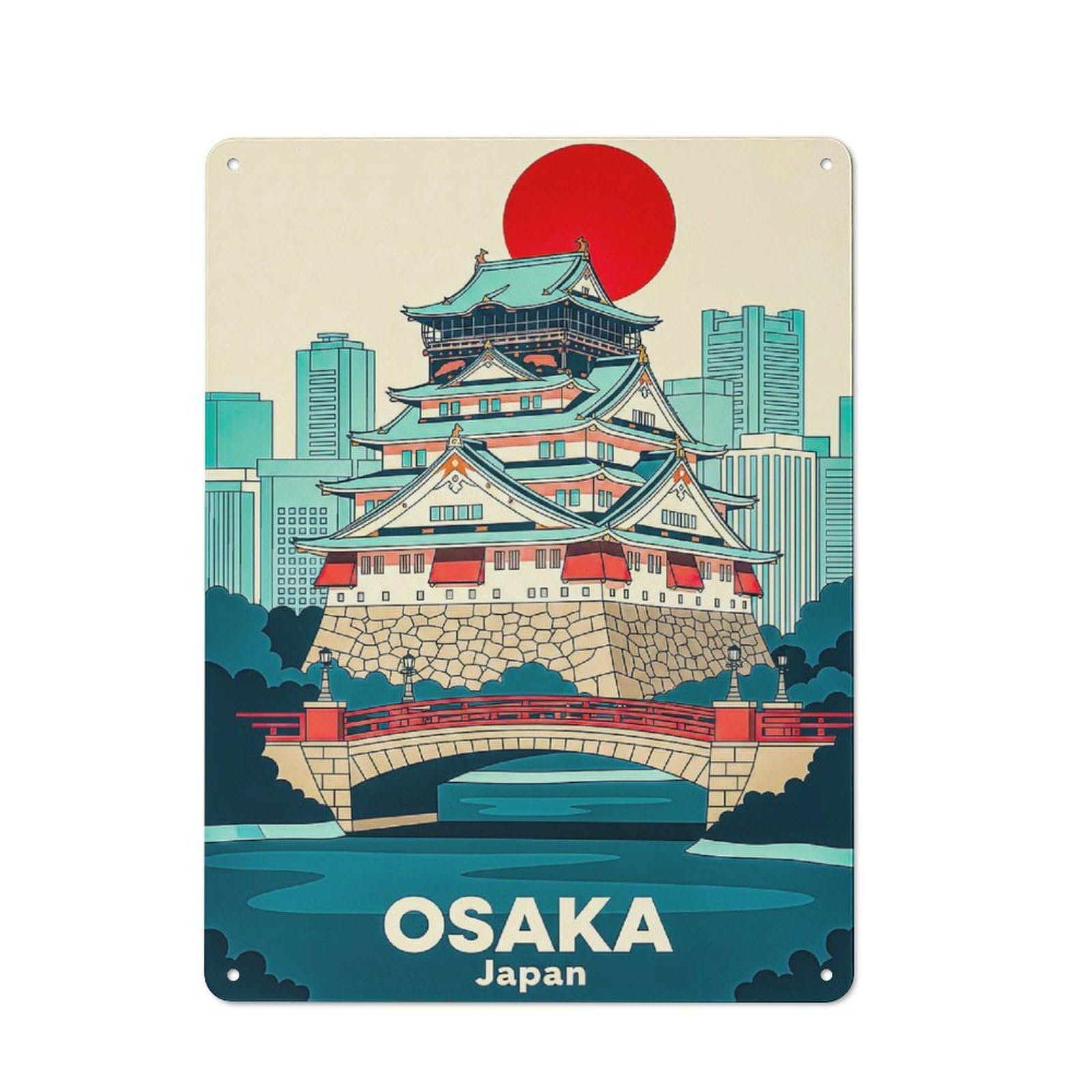 Junmoney Style-18 Vintage Osaka Castle And Cityscape Metal Wall Art Sign 40X30cm, Old Style Wall Plaque For Bedroom, Office, Home Bar Or Dining Room