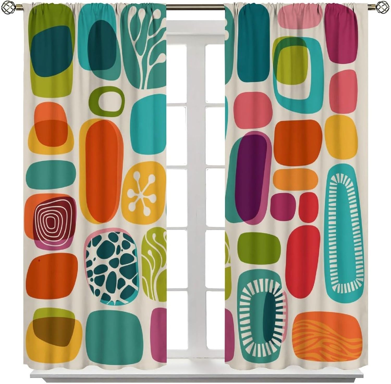 Mid Century Modern Curtains Retro Abstract Geometric Vintage 1950S 1960S Teal Orange Diamond Classic Blackout Rod Pocket Curtains for Bedroom Living Room Decor Window Drapes 42x45 Inch