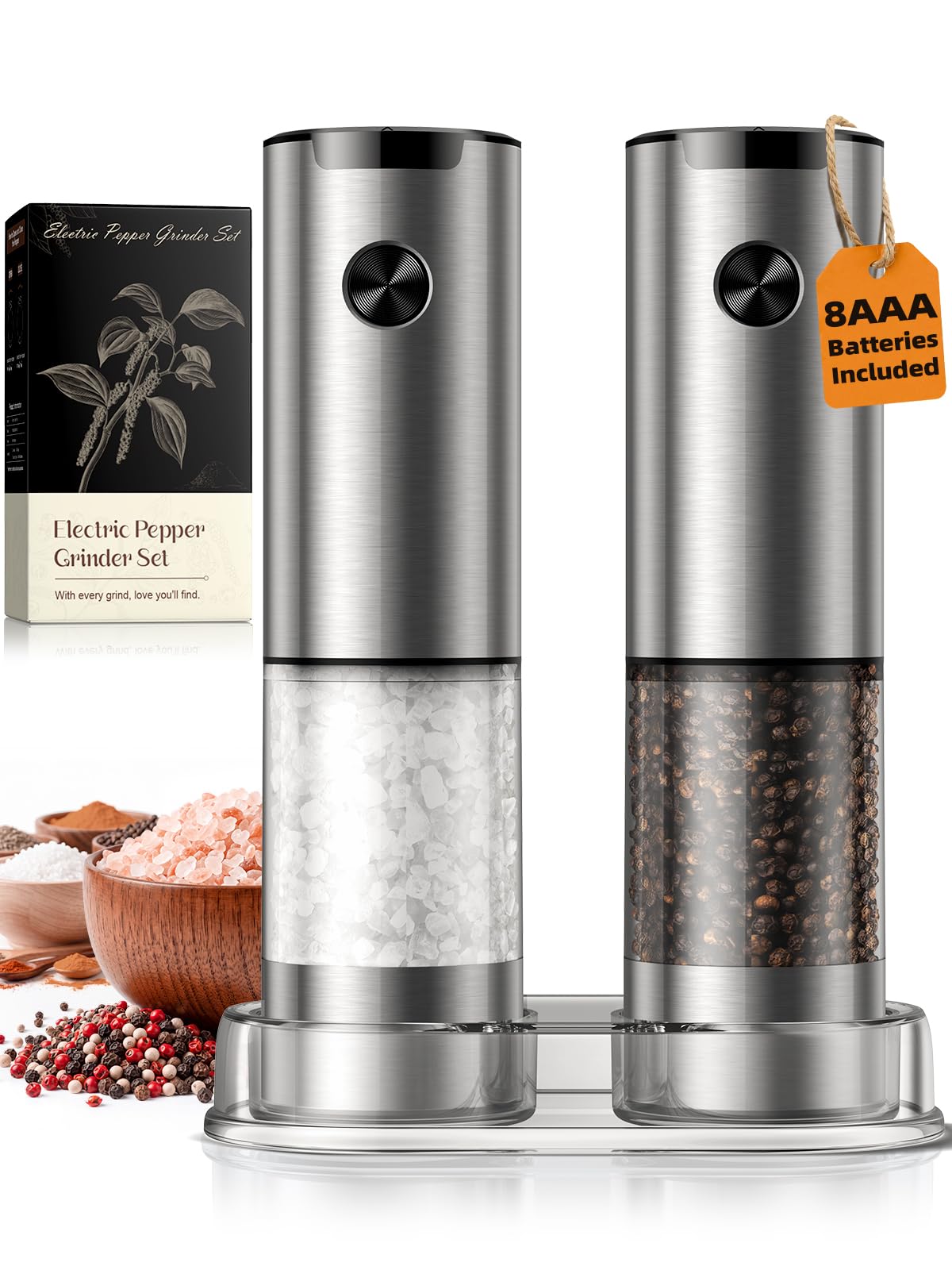 Electric Salt and Pepper Grinder Set, Battery Automatic with Adjustable Coarseness