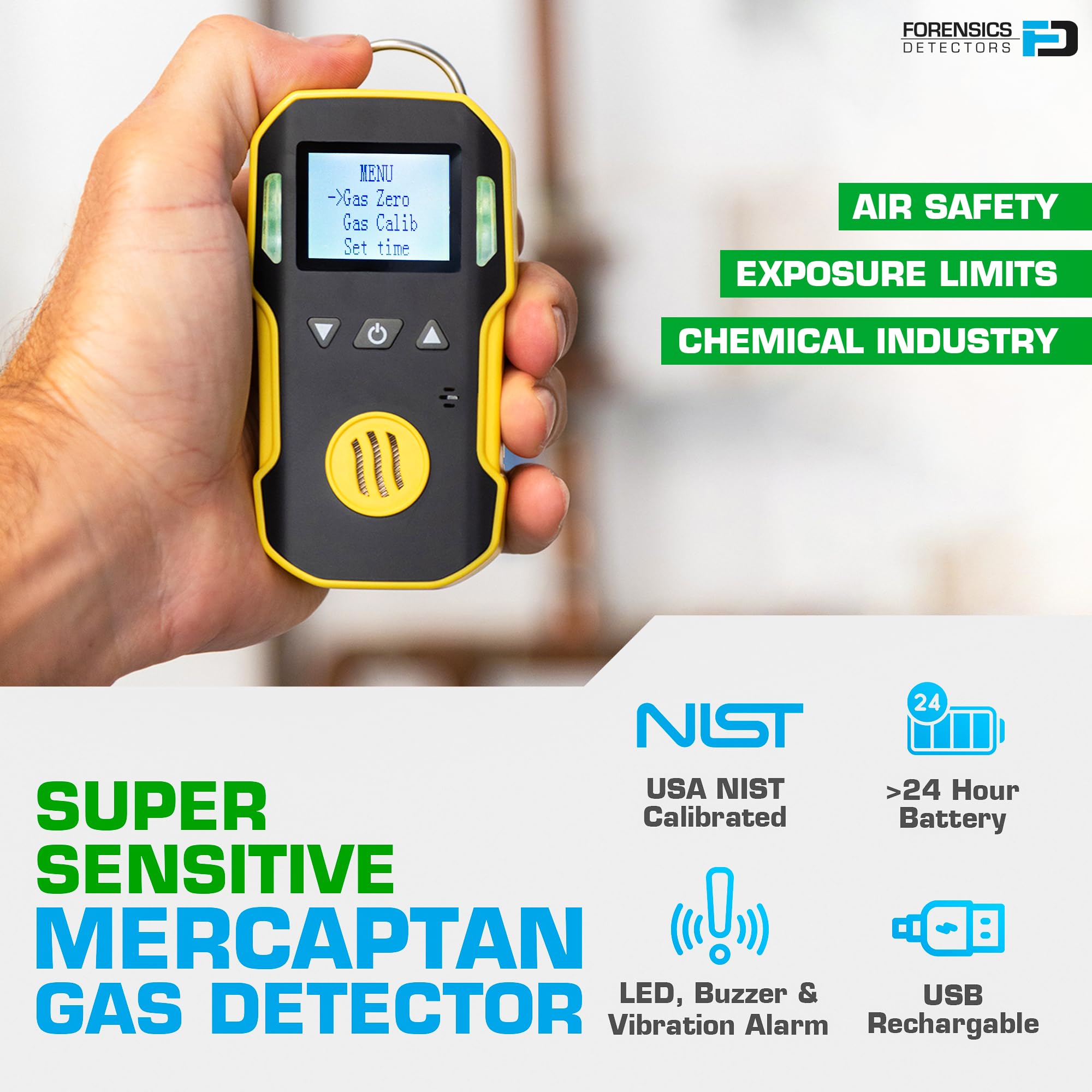 Detector de Gas Mercaptano | Certificado de Calibración EU | Recarga USB | Alarmas Sonoras, Luminosas y por Vibración | 0–10 ppm