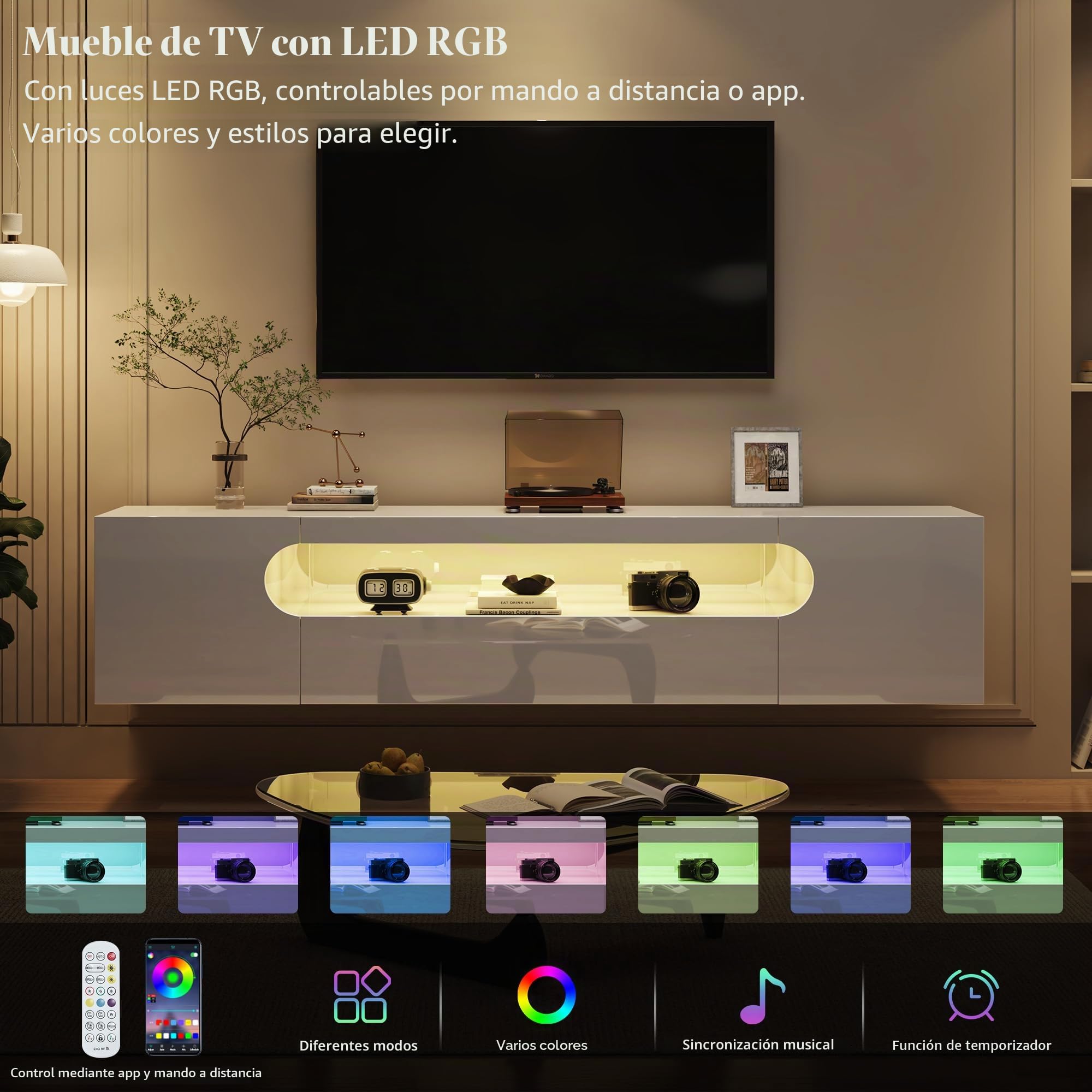 LUXOAK Mueble bajo para TV de 160 cm, color blanco brillante con iluminación LED RGB, mueble flotante para televisores de 55 a 75 pulgadas, montaje en pared con espacio de almacenamiento y guía de