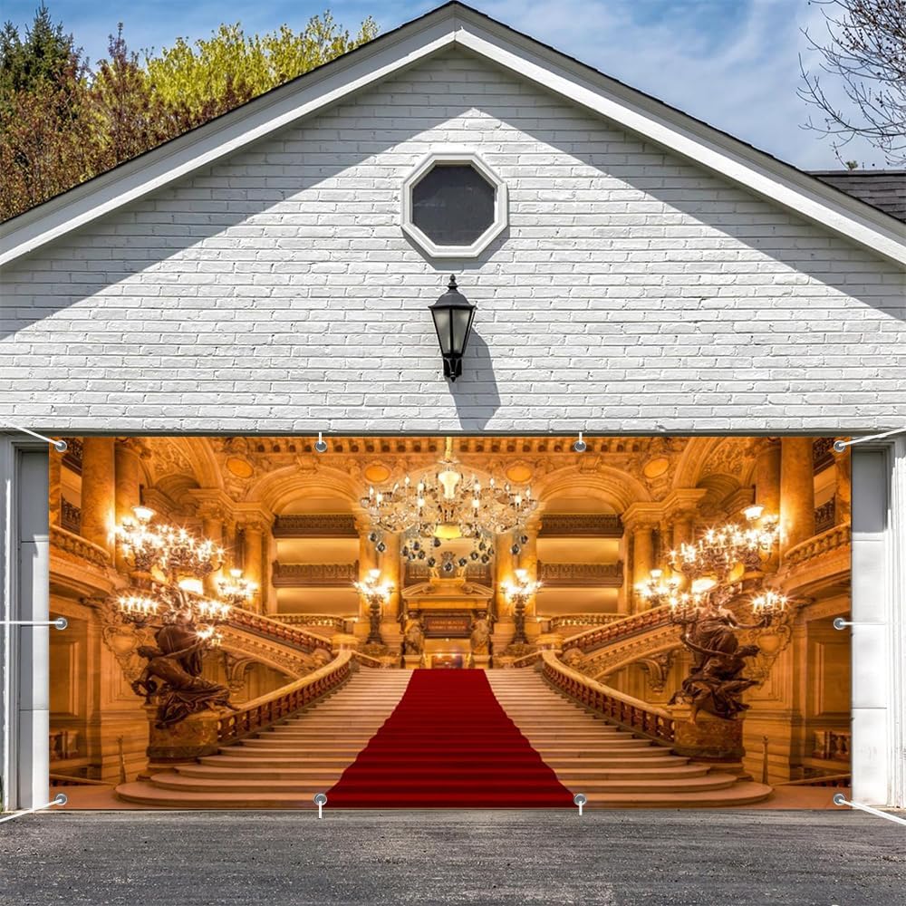 Leowefowa Red Carpet Plaece Backdrop Banner Polyester 16x7ft Royal Golden European Castle Staircase Party Decor Red Stage Backdrops for Prom Wedding Birthday Decorations Garage Door Banner Supplies