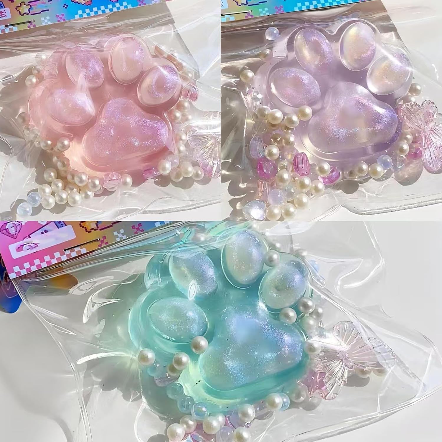 2 Pcs Cat Paw Squishy, Squishy with Pearl Butterfly Accessories, Animals Stress Relief Taba Squishy Paw, Cute Animals Stress Relieving Fidget Toy for Boys Girls Birthday Party Gifts 3