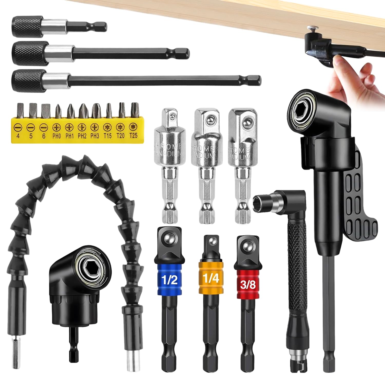 23 Pièces Kit de Renvoi d'Angle Visseuse avec Embout Visseuse et Renvoi d'Angle Clé Prolongateur et Autres Accessoires Idéal pour Réparation Bricolage et Rénovation Maison