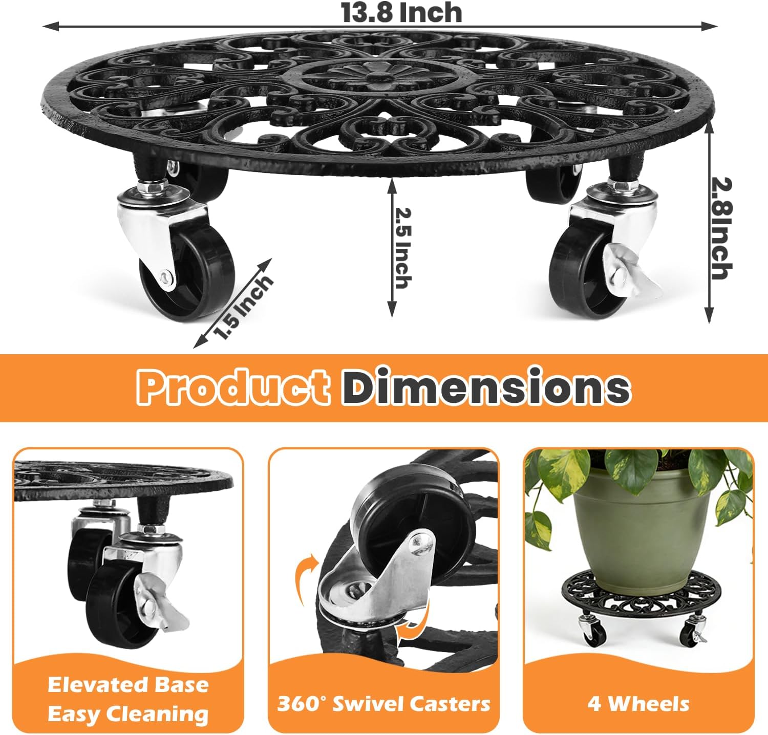 2 Pack Rolling Plant Caddy with Wheels Heavy Duty, 14 Inch Cast Iron Plant Rollers with Wheels, Roller Planter Stand on Metal Wheel Round Planter Caddies Roller Plants Stand Indoor Potted Plants Mover