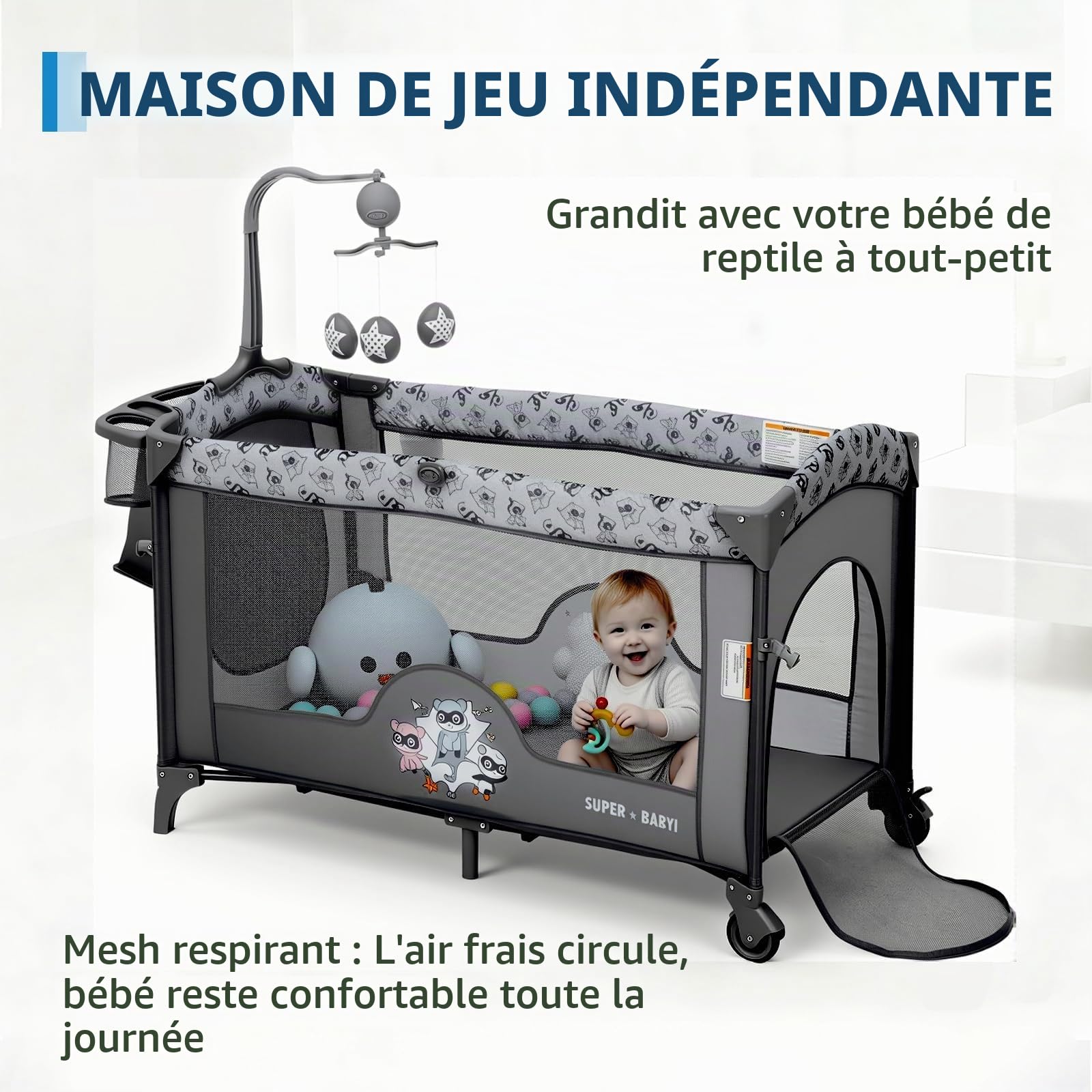 5 en 1 Lit Bébé Pliable,Réglables en Hauteur, Aucune Installation Nécessaire,Jouets,Table à Langer, Super Forte Charge Porteuse, Facile à Voyager, Moustiquaire, De La Naissance à La Petite Enfance