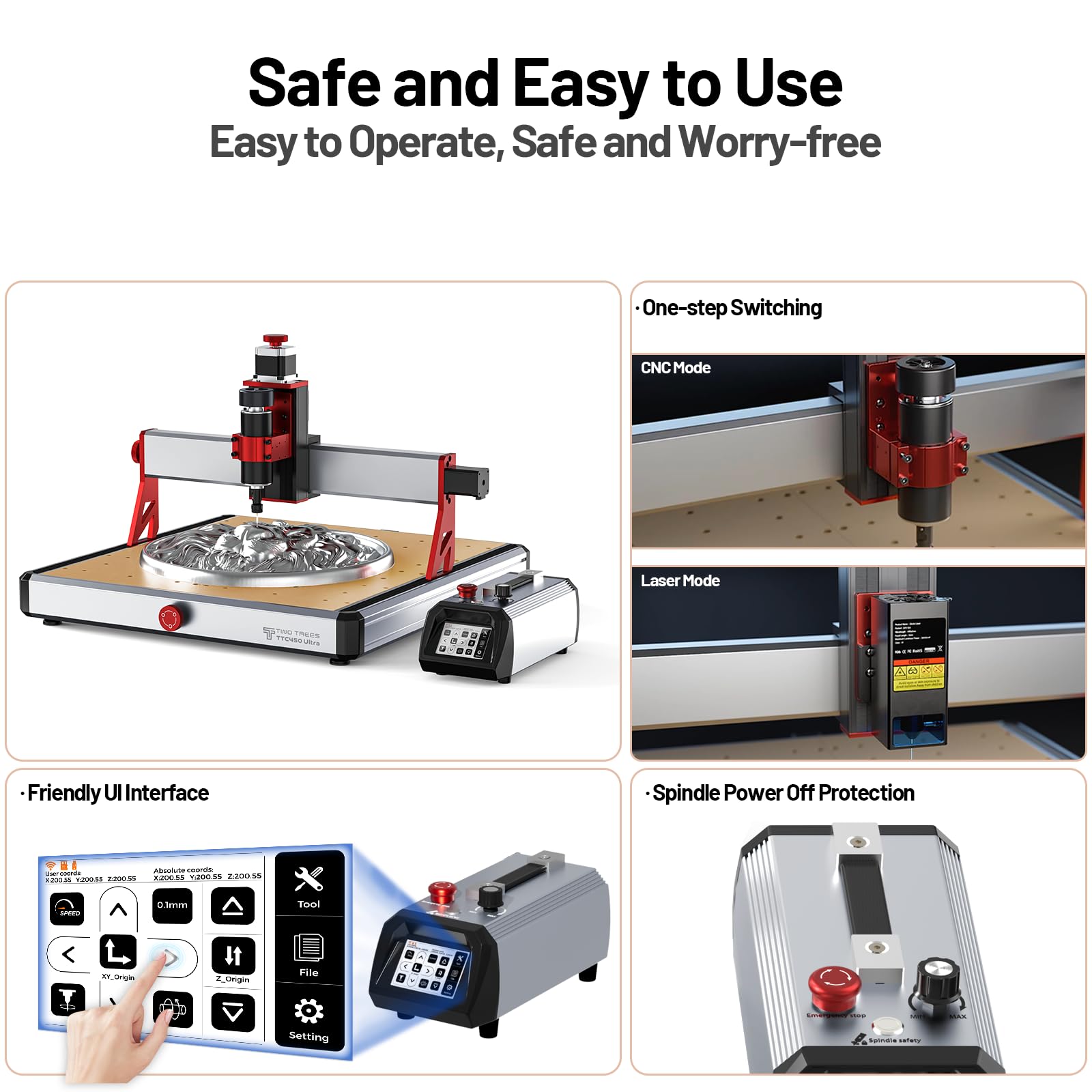 Twotrees TTC450 Ultra 500W CNC Fräsmaschine, 800W Frässpindel, 20W Lasermodul, M1 Staubabsaugung, CNC Drehachse, mit 3,5 Zoll Touchscreen Controller, Gravurmaschine für Metall, Aluminium, Holz