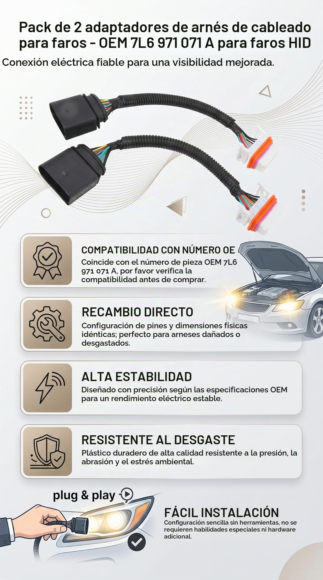 Adaptador de Arnés de Cableado de Faros, 2 Piezas de Arnés de Cableado de Faros HID para Automóvil 7L6 971 071 A Piezas de Repuesto de Conector de Cable de Faro Resistente Al