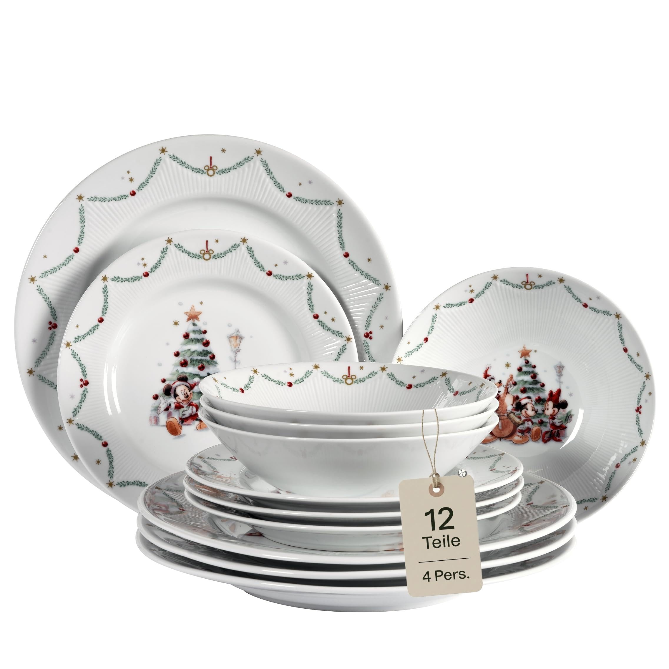 Disney Weihnachten Geschirr-Set 12-teilig – Speiseservice für 4 Personen inkl. Essteller, Kuchenteller & Schalen – Offiziell Lizenziert – Porzellan Tellerservice mit Micky & Freunde