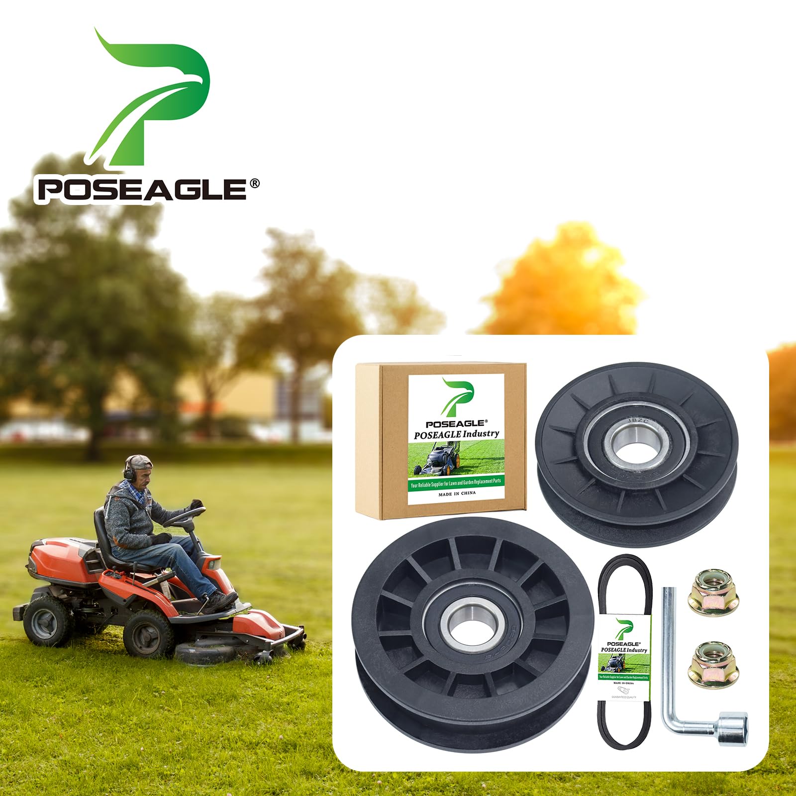 POSEAGLE GX20286 V Idler Pulley with GX20287 Flat Idler Pulley and L Hex Socket Wrench Replaces AUC20392 AUC20393 for John Deere D105 D140 D155 L100 L111 L118 L120 L130 La145 Lawn Decks