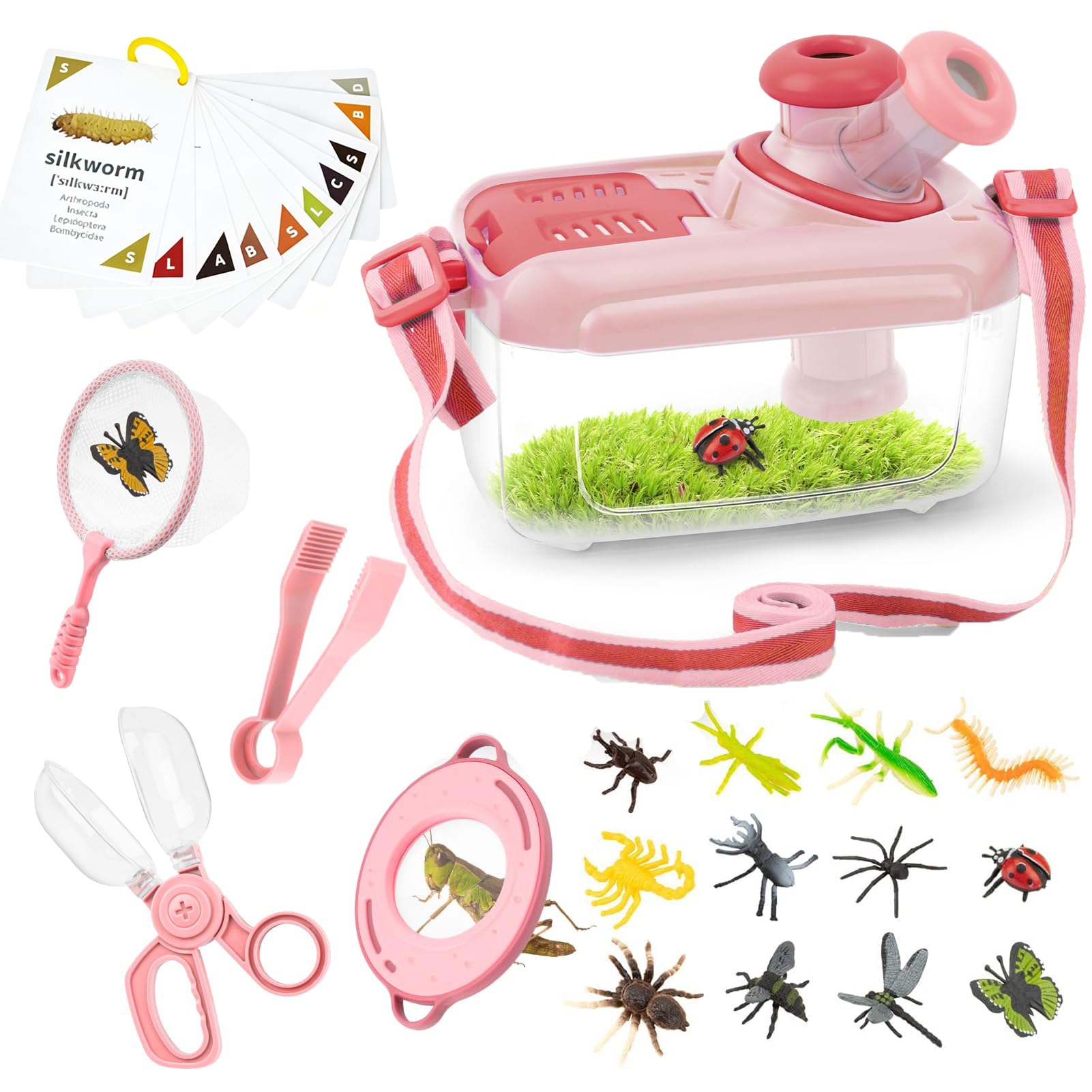 Bug Hunting Kits for Children, 5 Pcs Bug Catcher for Kids with 10 Insect Cards & 12 Fake Insects, Outdoor Explorer Kit with 360° Rotating Lens, STEM Educational Science Toy for Boys and Girls (Pink B)