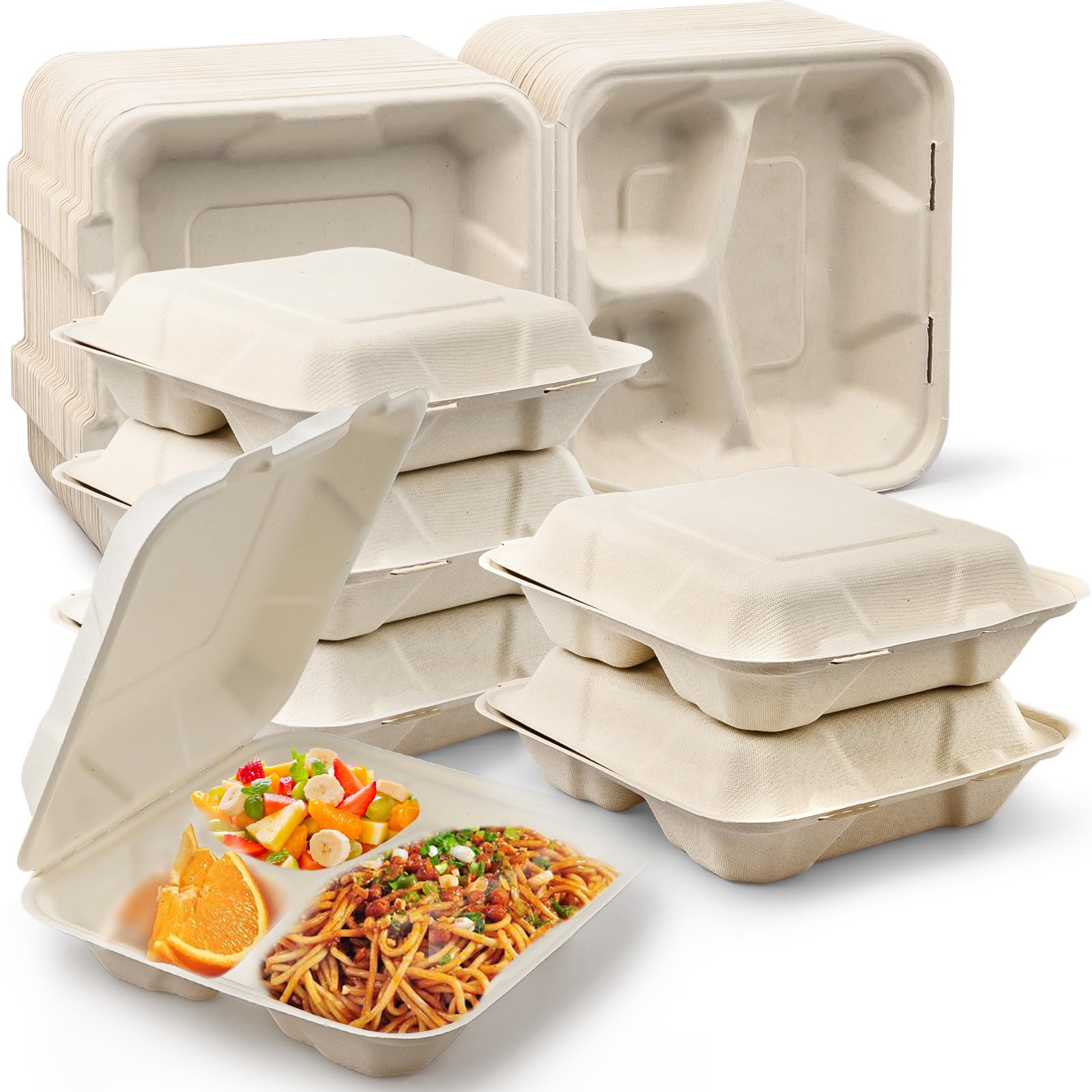 KARAT EARTH Clamshell Take Out Food Containers [8"x8", 200 Ct ] - Compostable To Go Containers, Natural Biodegradable Bagasse, Made Of Sugarcane Fibers