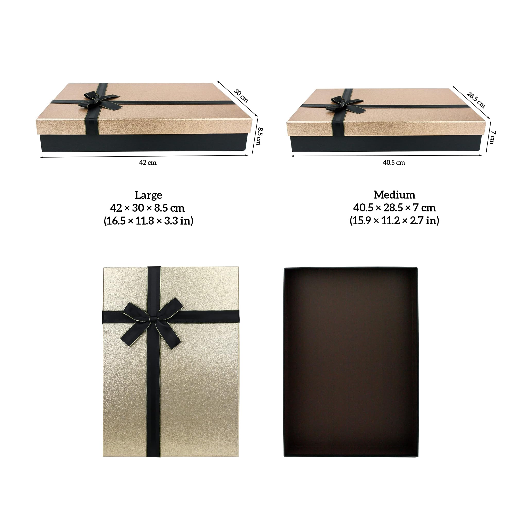 Emartbuy Lot de 2 boîtes cadeaux rigides de luxe - Base noire avec couvercle à paillettes dorées - Paniers rectangulaires pour cadeaux, mariages et cadeaux d'entreprise - Taille L : 42 x 30 x 8,5 cm