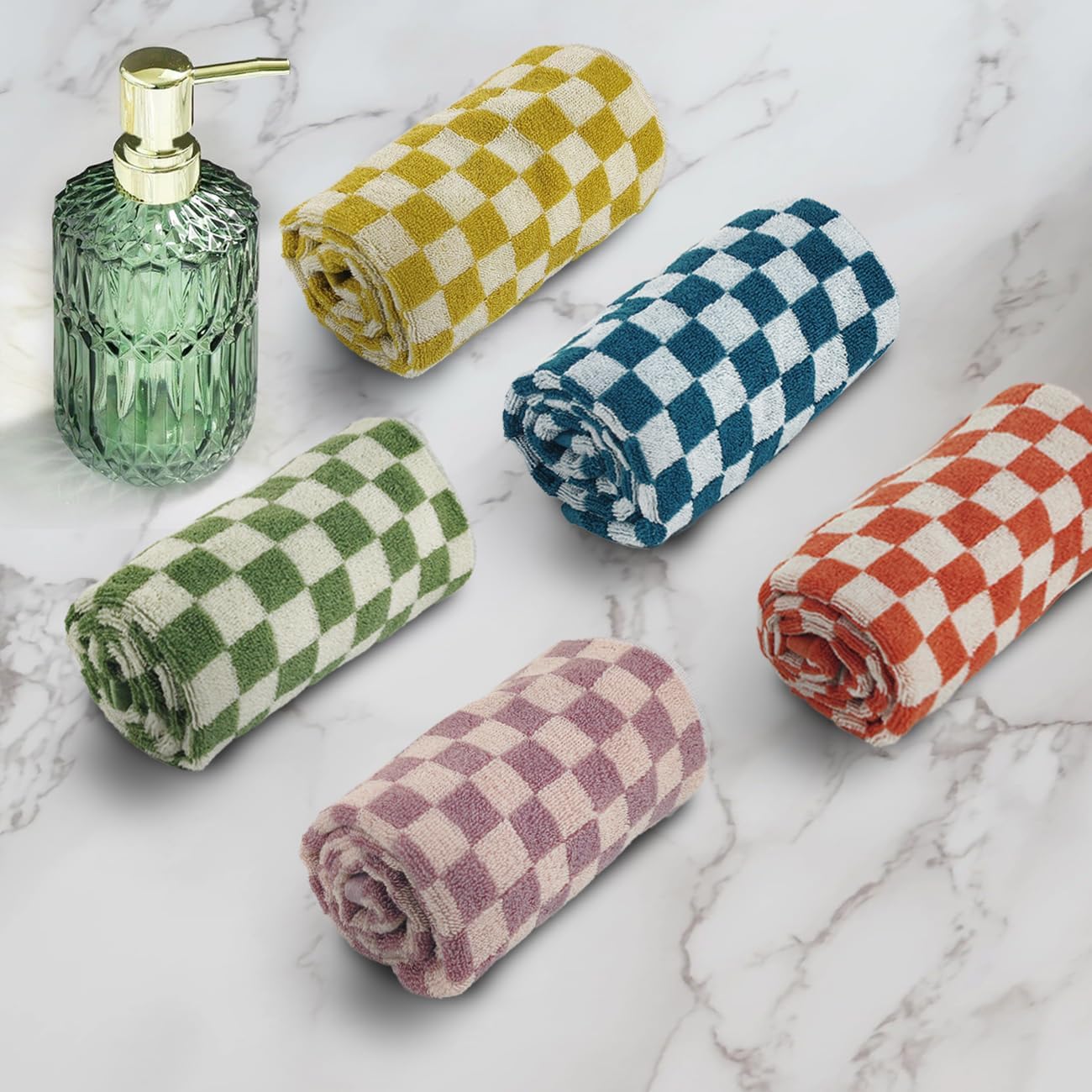 Hand Towels for Bathroom 5 Pack, Cotton Terry, Checkered Kitchen Dish Towels Set of 5, Soft Absorbent,13 × 29 Inches, 5 Colors Multi-Color