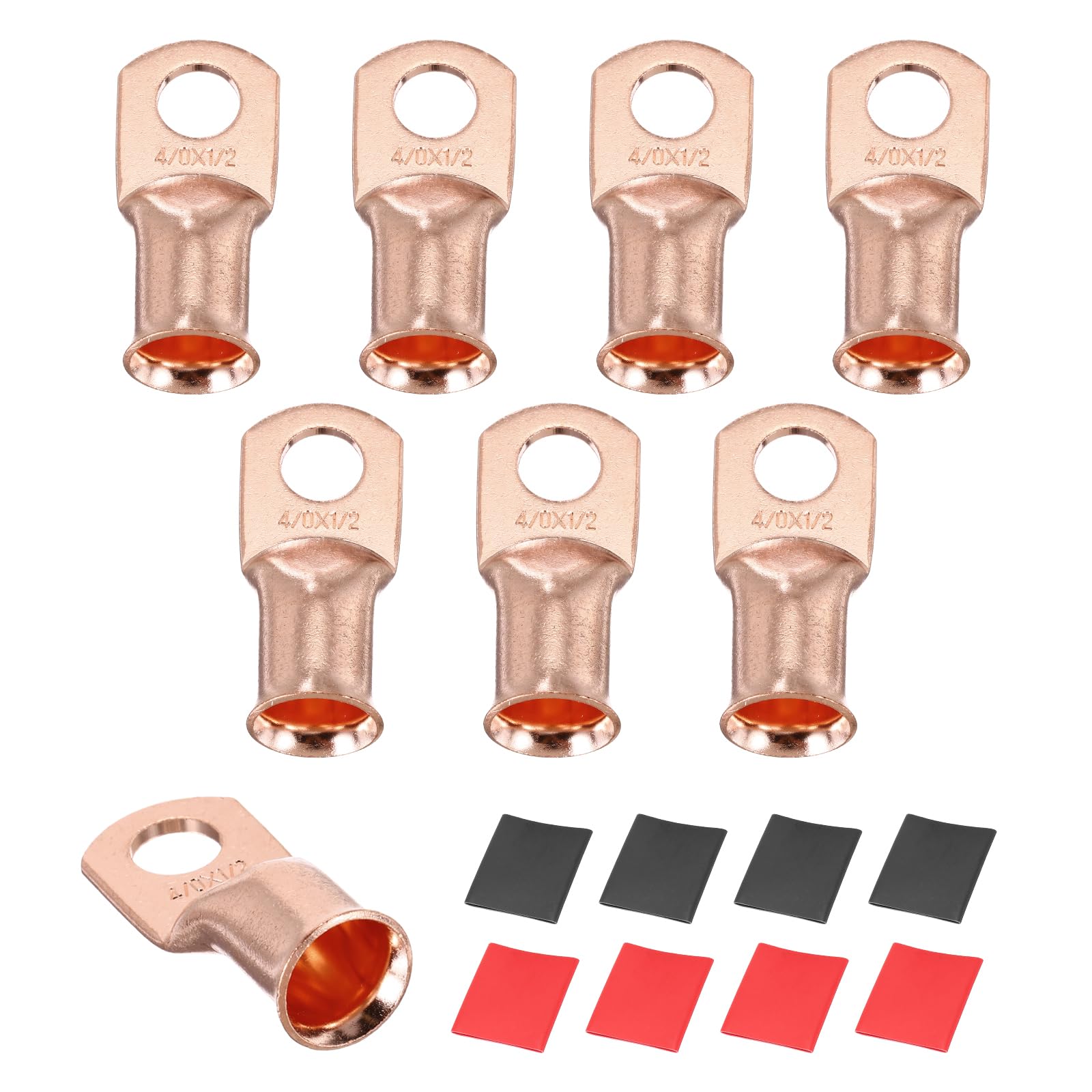sourcing map 8pcs 4/0 AWG M12 Battery Lugs Ring Terminals, 1/2" 12mm Stud Crimp Wire Terminal Connector End Copper, 3:1 Heat Shrink Tubing, Gold
