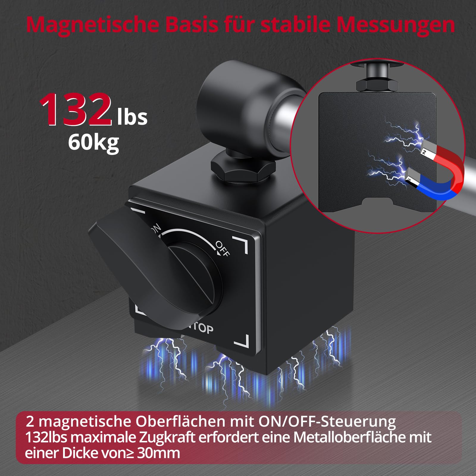 XUNTOP Präzisions Messuhr mit Magnetfuß 0,01mm Genauigkeit, 0-20 mm Messbereich,Mechanische Anzeige,132lbs/60kg, Mit Feineinstellknopf Ideal für Industrieanwendungen