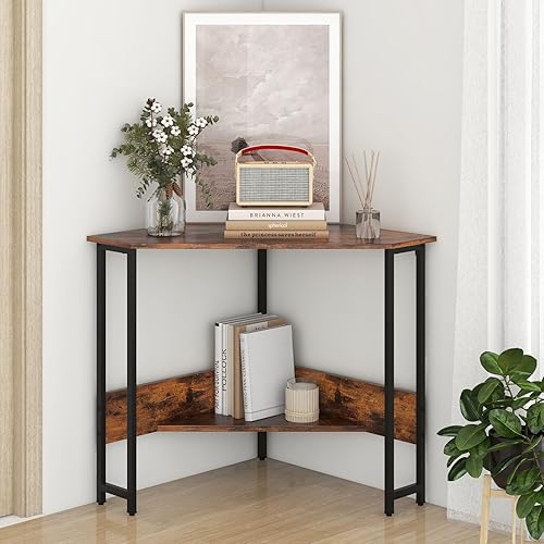 Miniatura 9 de Escritorio esquinero industrial, escritorio de computadora con toma de corriente, estantes de almacenamiento y marco de metal, escritorio de madera