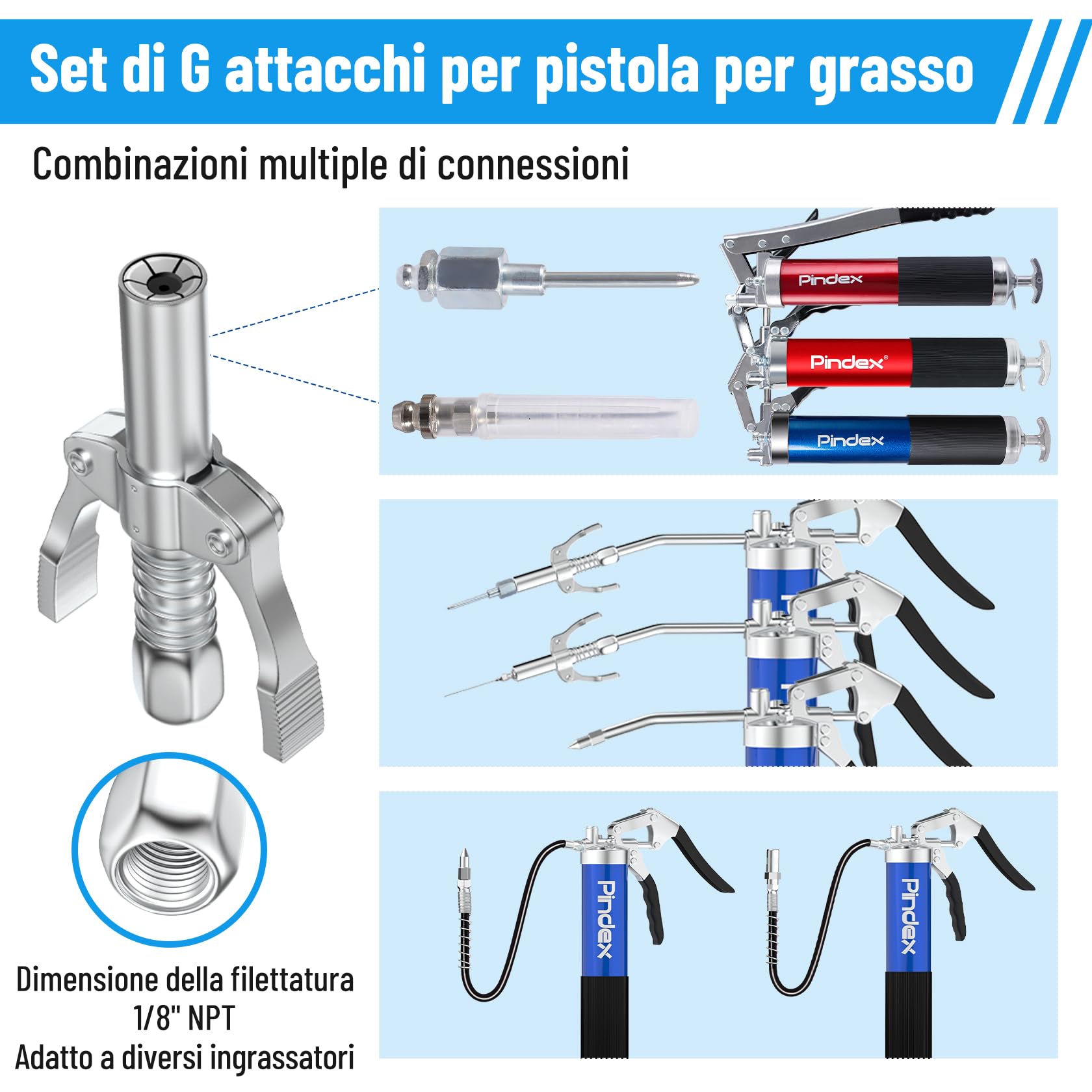 Pindex Ingrassatore Manuale con Ugello,Pistola per Grasso Manuale con Testina Ingrassatore per Cartuccia 400 gr,Pistola Ingrassatore con Ugelli per Ago,3 Tubo,Blu