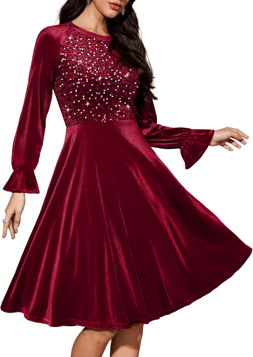Bbonlinedress Velvet Sequin Cocktail Long Sleeve Dress for Women Velvet Vintage Wedding Guest Midi Dress