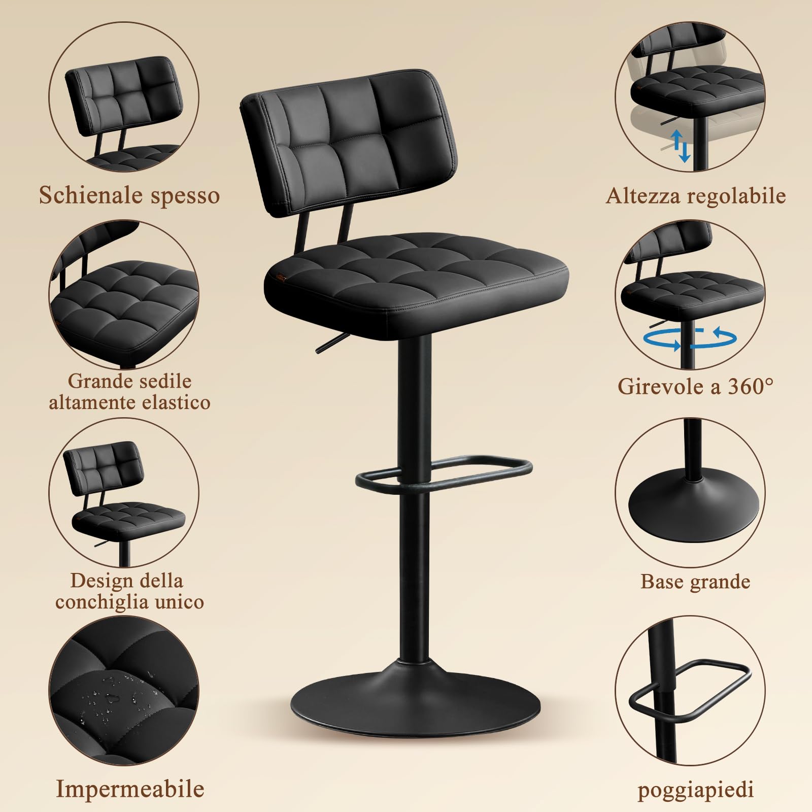 Set di 2 Sgabelli da Bar, Sedie da Bar Girevole 360° Altezza Regolabile da Penisola, Sgabelli Alto in Similpelle, Sedie da Cucina con Schienale e Poggiapiedi per Bar Cucina Ristorante, Nero