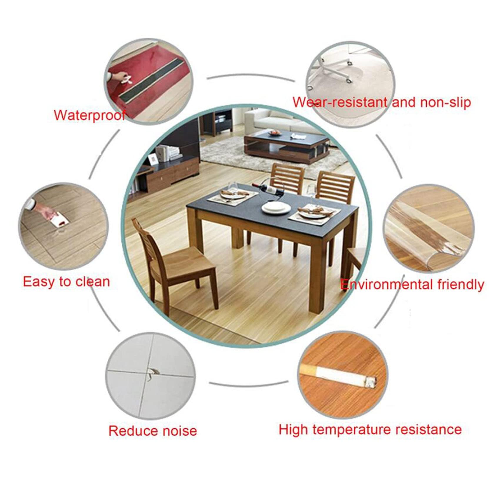 Protector de suelo antideslizante transparente, resistente a arañazos y desgaste, vinilo 100% impermeable, tamaños personalizables (60-140 cm), ideal para alfombras y muebles de interior.