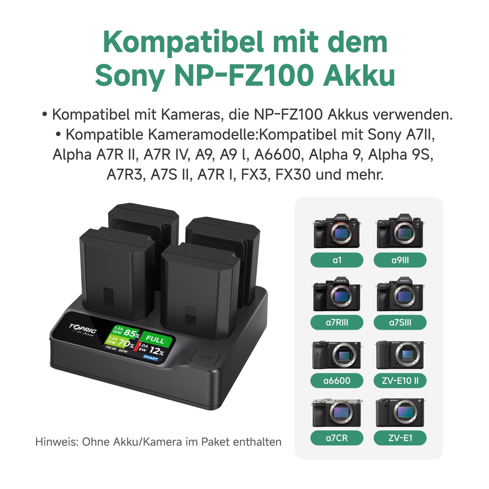 Toprig BC02 NP-FZ100 4-Kanal-Kamera-Akkuladegerät, USB-C PD 60 W Schnellladung, Vollfarb-LCD-Display, Echtzeit-Akkustandsüberwachung, tragbares Design, kompatibel mit Sony NP-FZ100-Akku