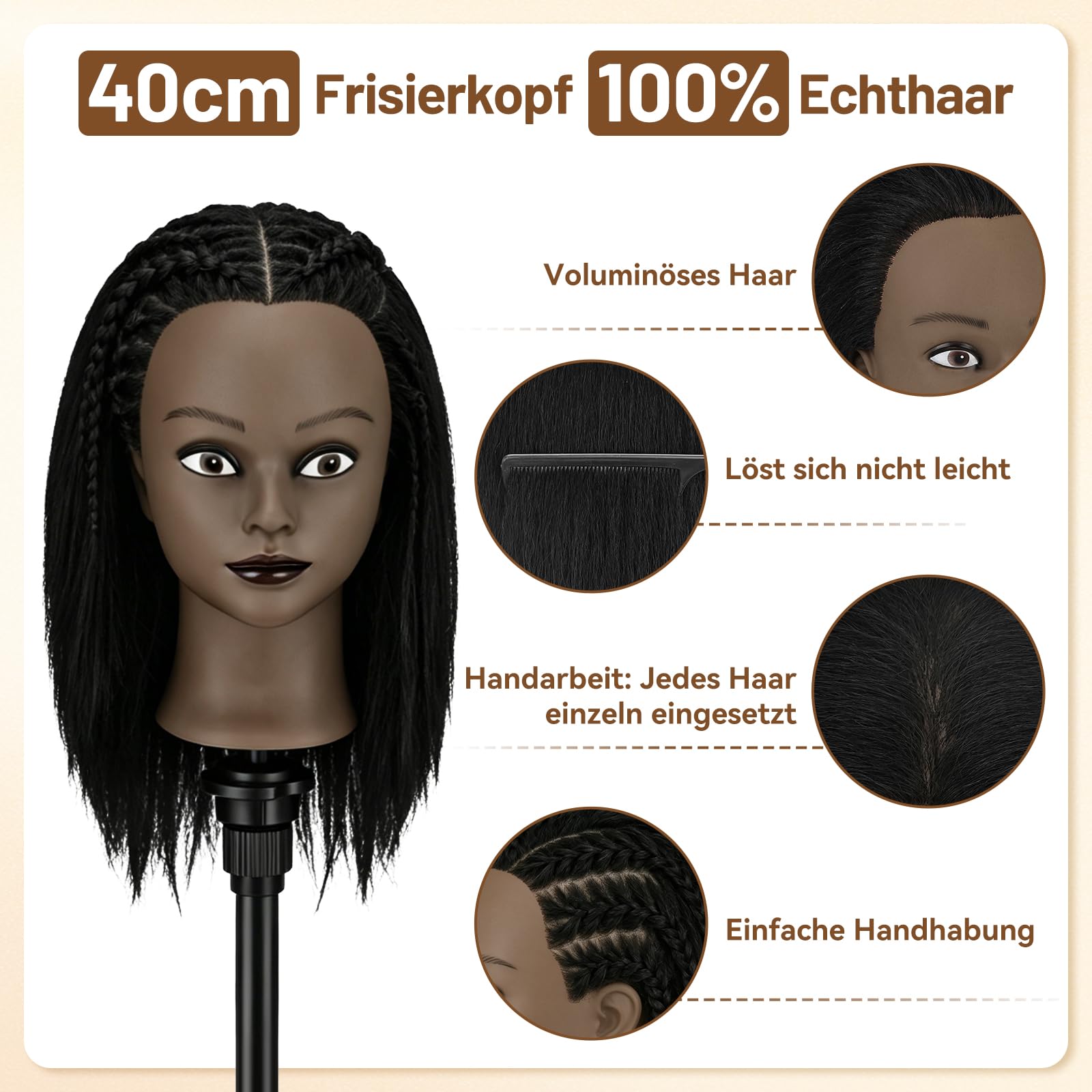 TwoWin 16 Zoll /40 cm Afro Trainingsköpfe für Friseure, Frisierkopf mit 100% Echthaar, Übungskopf Afrikanischer Friseurkopf Puppenkopf mit Tischhalter + Haar Styling Braid Set (Schwarz)