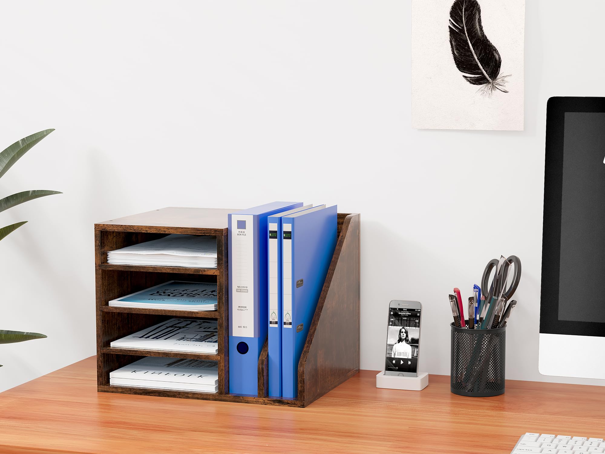 EasyPAG 6 Compartimentos Madera A4 Bandeja Archivo Organizador Escritorio Soporte Documentos Clasificador Oficina Almacenamiento Papeles Estante Folios,Marrón