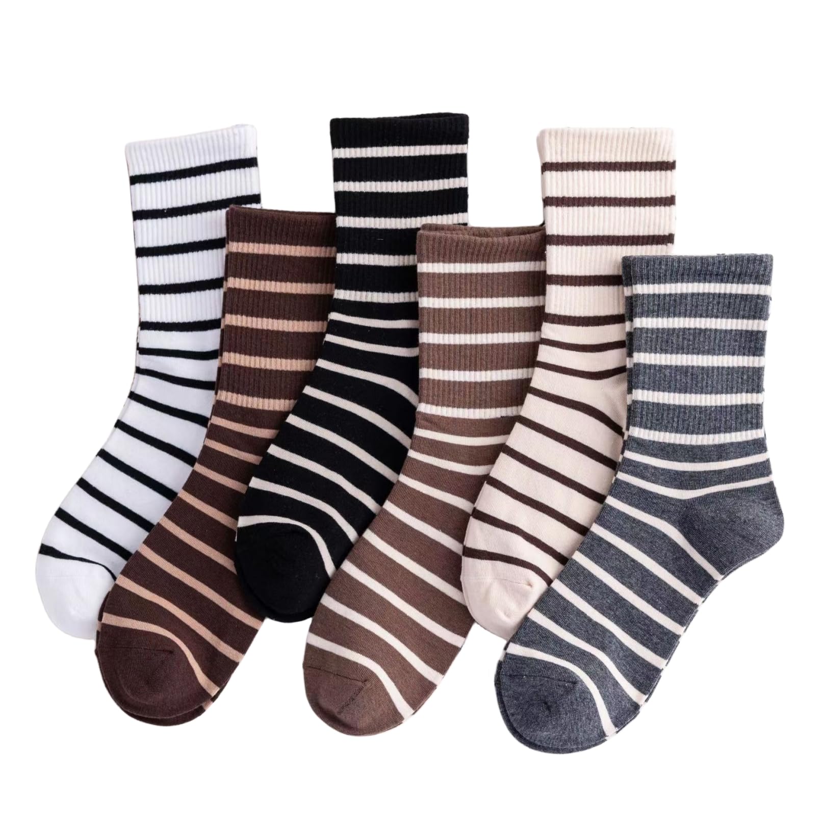 jecvxor6 Pairs Crew Socks for Women, Women Striped Crew Socks, Sporty Calf Socks Casual Cotton Socks Women